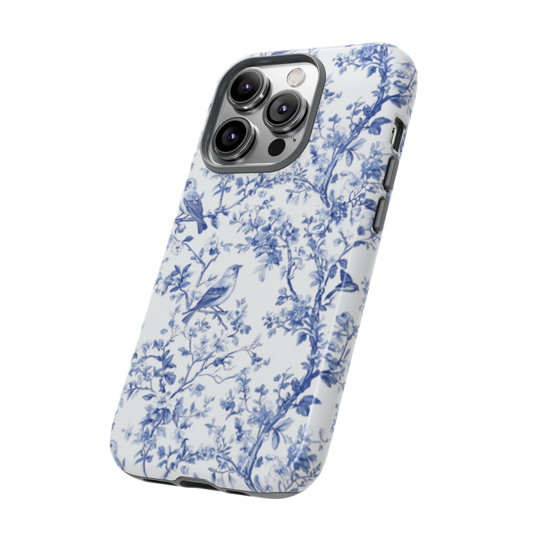 BLUESKYDEZIGN | Blue Floral Vine Phone Case – Toile-Inspired Romantic Watercolor Branch Pattern Tough Cover
