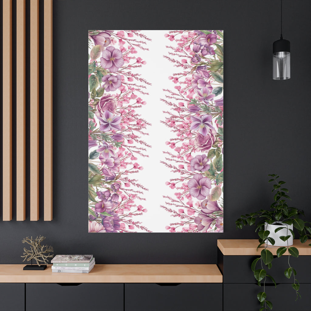 Floral Matte Canvas Wall Art, Pink Purple Botanical Print, Modern Symmetrical Flower Design, Stretched 1.25" Canvas Home Decor