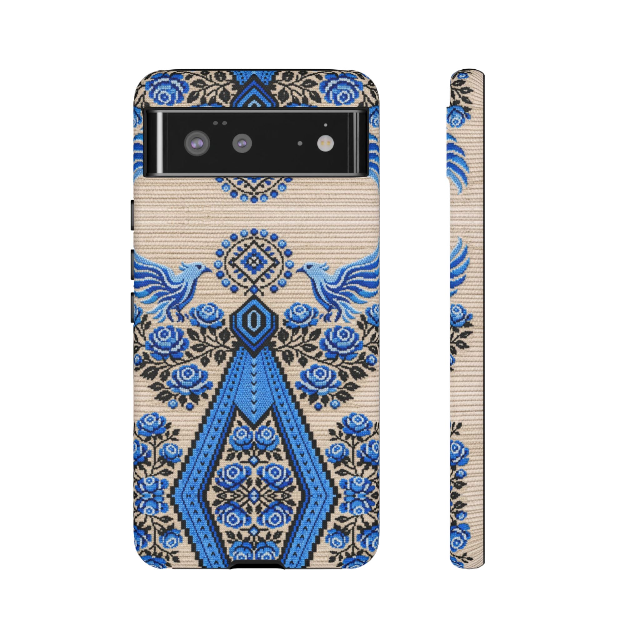 Ukrainian Phone Case  Blue Black Berehynia Design, Falcons & Roses Folk Art, Slavic Embroidery Style Protective Cover