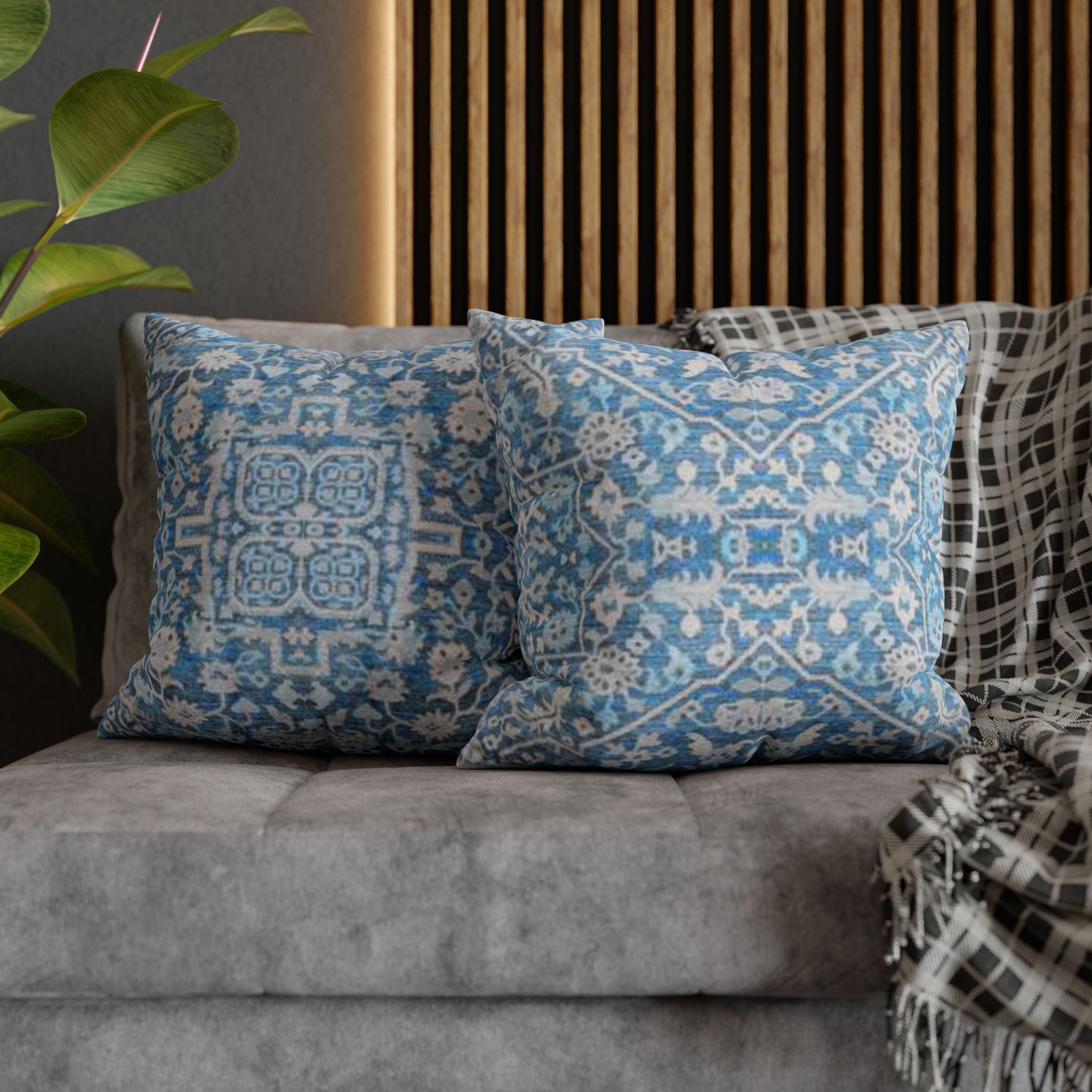 BLUESKYDEZIGN Grandmother's Heritage Pillow Cover - Blue Ikat Floral, Boho Modern Rustic Cushion
