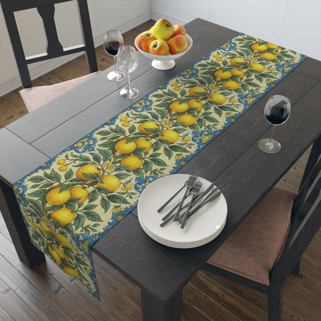 Citrus Riviera Lemon & Orange Table Runner – William Morris Style Botanical Dining Decor | Cotton Twill or Polyester
