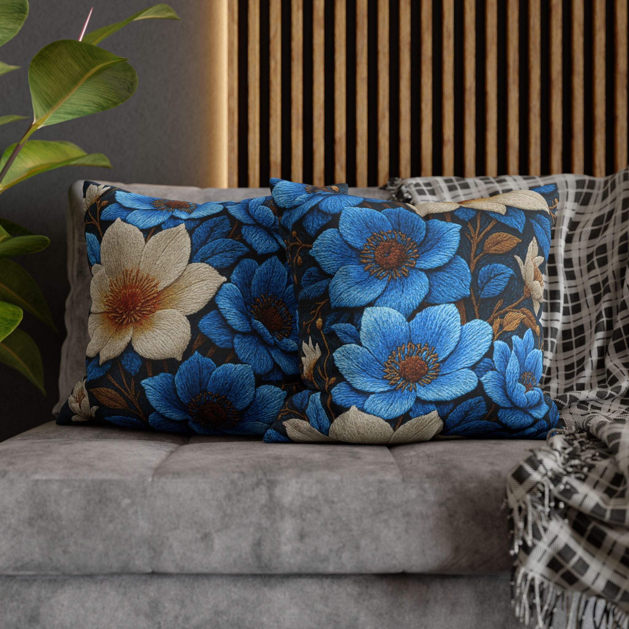 Midnight Symphony Floral Pillow Case | Navy Blue & Cream Botanical Cushion Cover