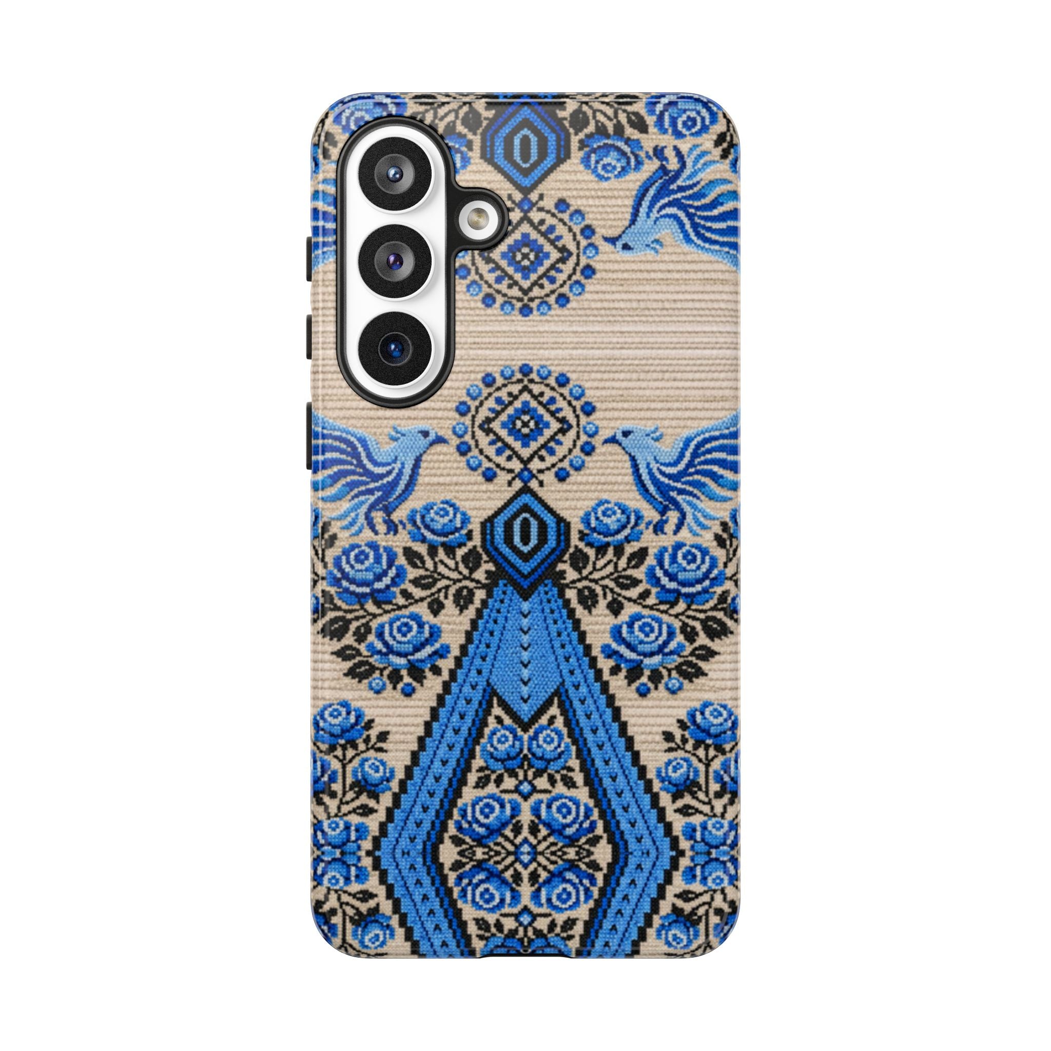 Ukrainian Phone Case  Blue Black Berehynia Design, Falcons & Roses Folk Art, Slavic Embroidery Style Protective Cover