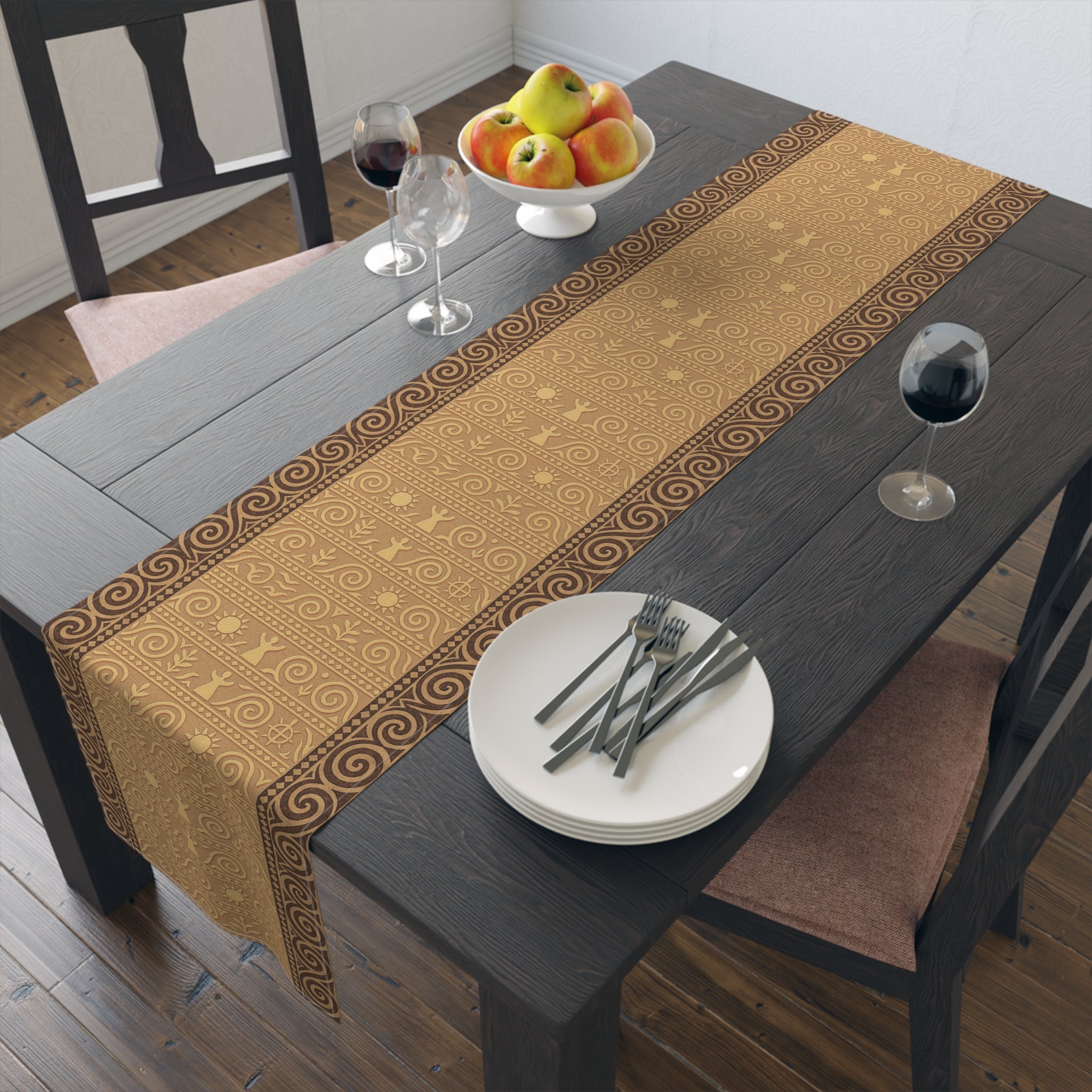 Trypillian Code Table Runner | Terracotta Ancient Symbol Farmhouse Decor