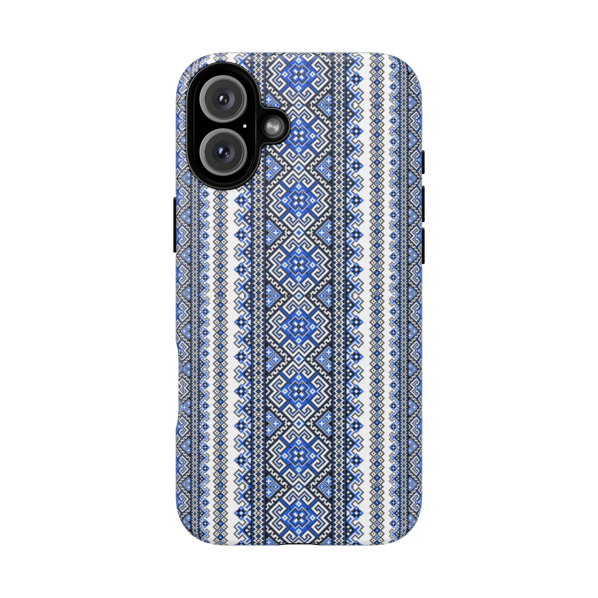 Ukrainian Pattern iPhone Case, Blue Black Geometric Folk Design, Protective Phone Cover, Traditional Ethnic Print