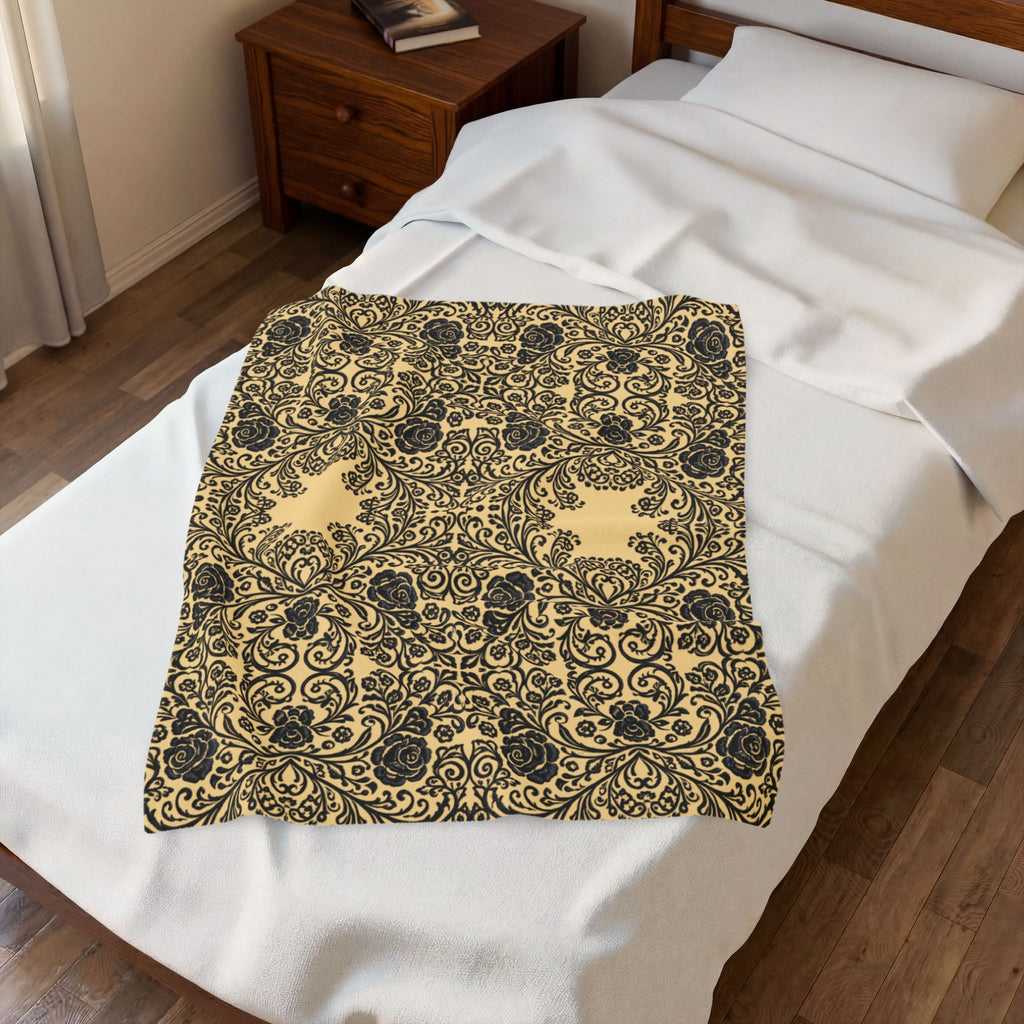 Velveteen Plush Blanket | Vintage Baroque Damask Gold Throw | BLUESKYDEZIGN