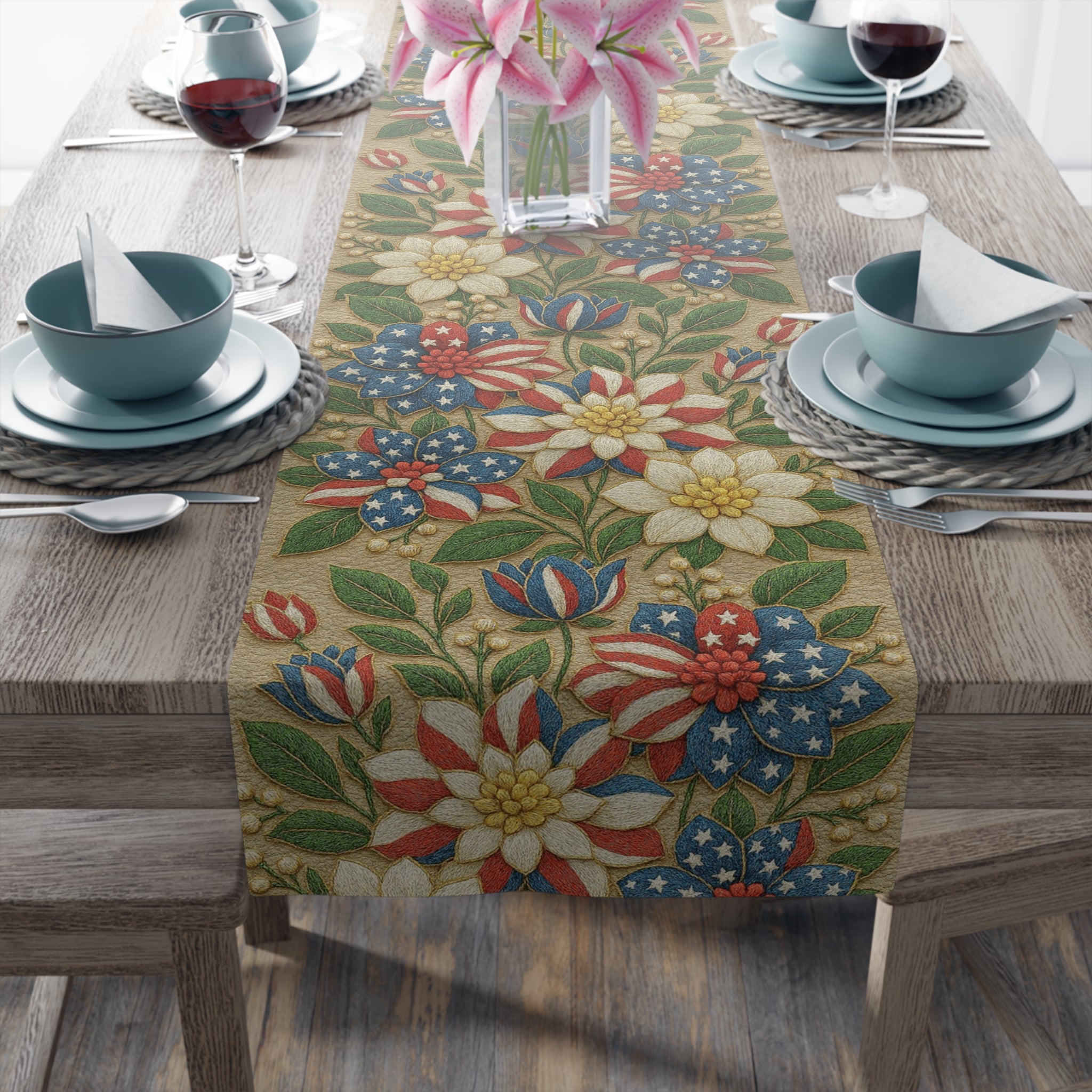 Vintage floral Americana table runner with muted red, cream and dusty blue blooms and stars-and-stripes motifs — 16x72 inch patriotic farmhouse dining decor for 4th of July

