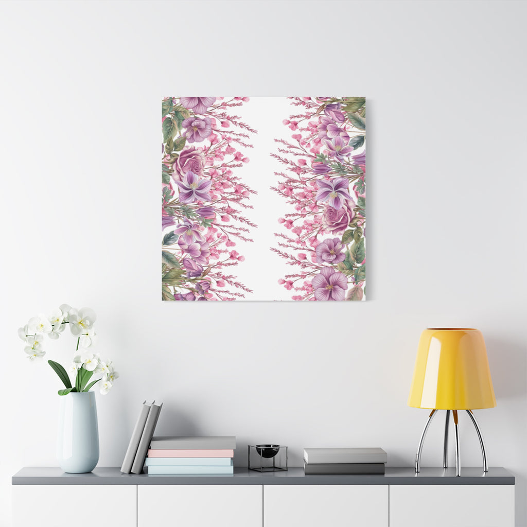 Floral Matte Canvas Wall Art, Pink Purple Botanical Print, Modern Symmetrical Flower Design, Stretched 1.25" Canvas Home Decor