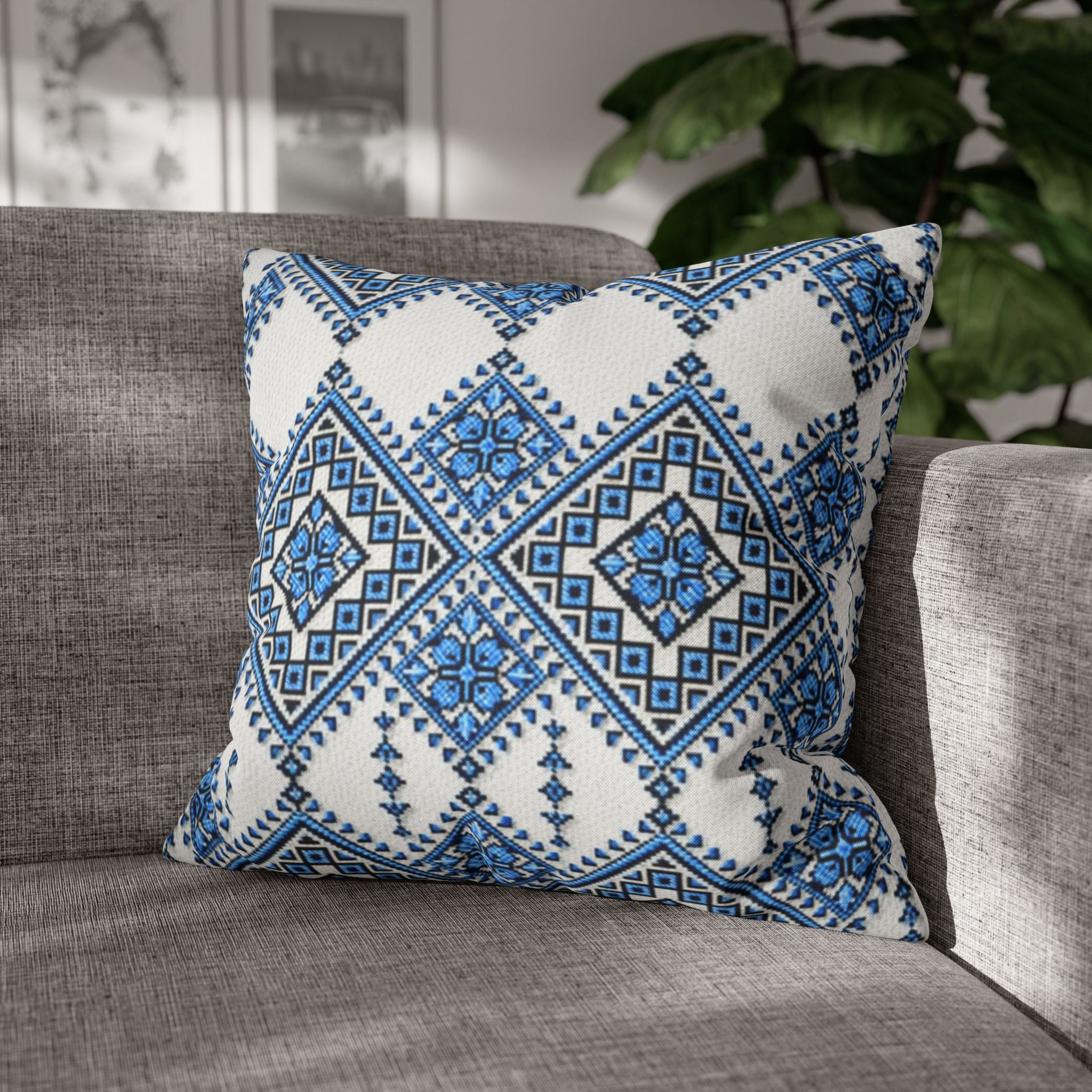 Blue Sky Folk Art Tile Pillow Cover | Ukrainian Heritage Floral Cushion