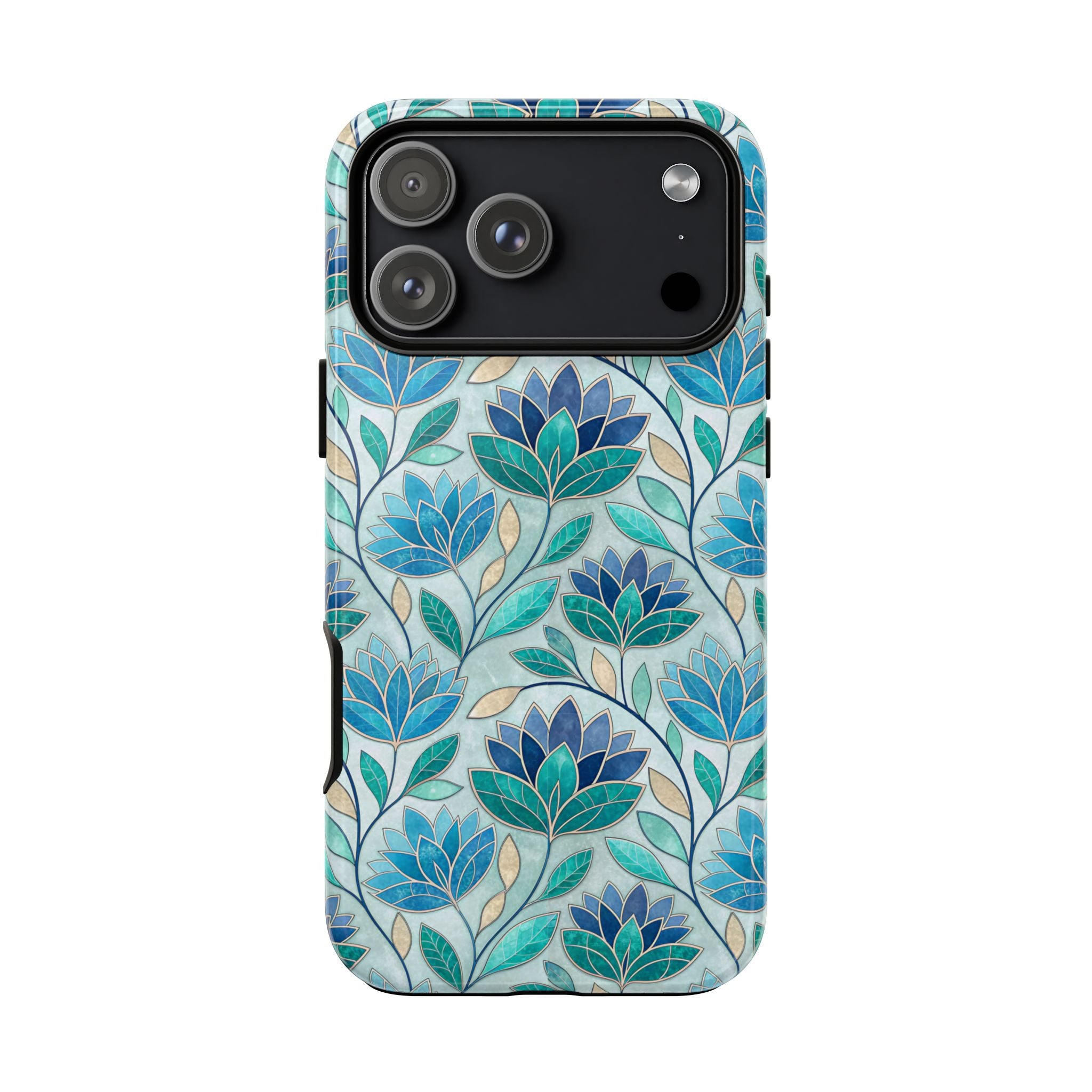 Mosaic iPhone Case, Stained Glass Floral Phone Cover, Teal Blue Protective Case, Matte Glossy Options, Artistic Mosaic Pattern