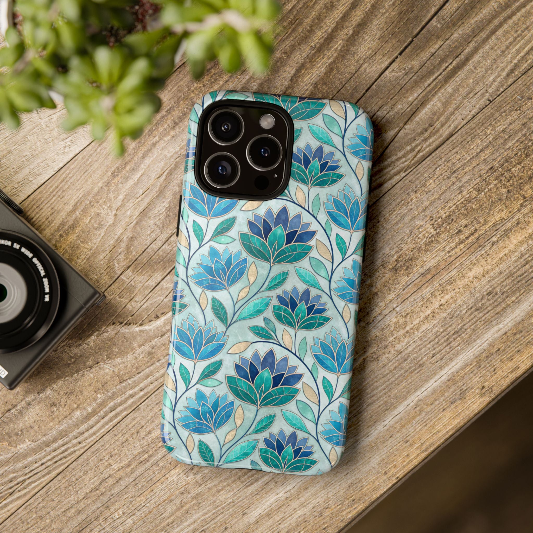 Mosaic iPhone Case, Stained Glass Floral Phone Cover, Teal Blue Protective Case, Matte Glossy Options, Artistic Mosaic Pattern