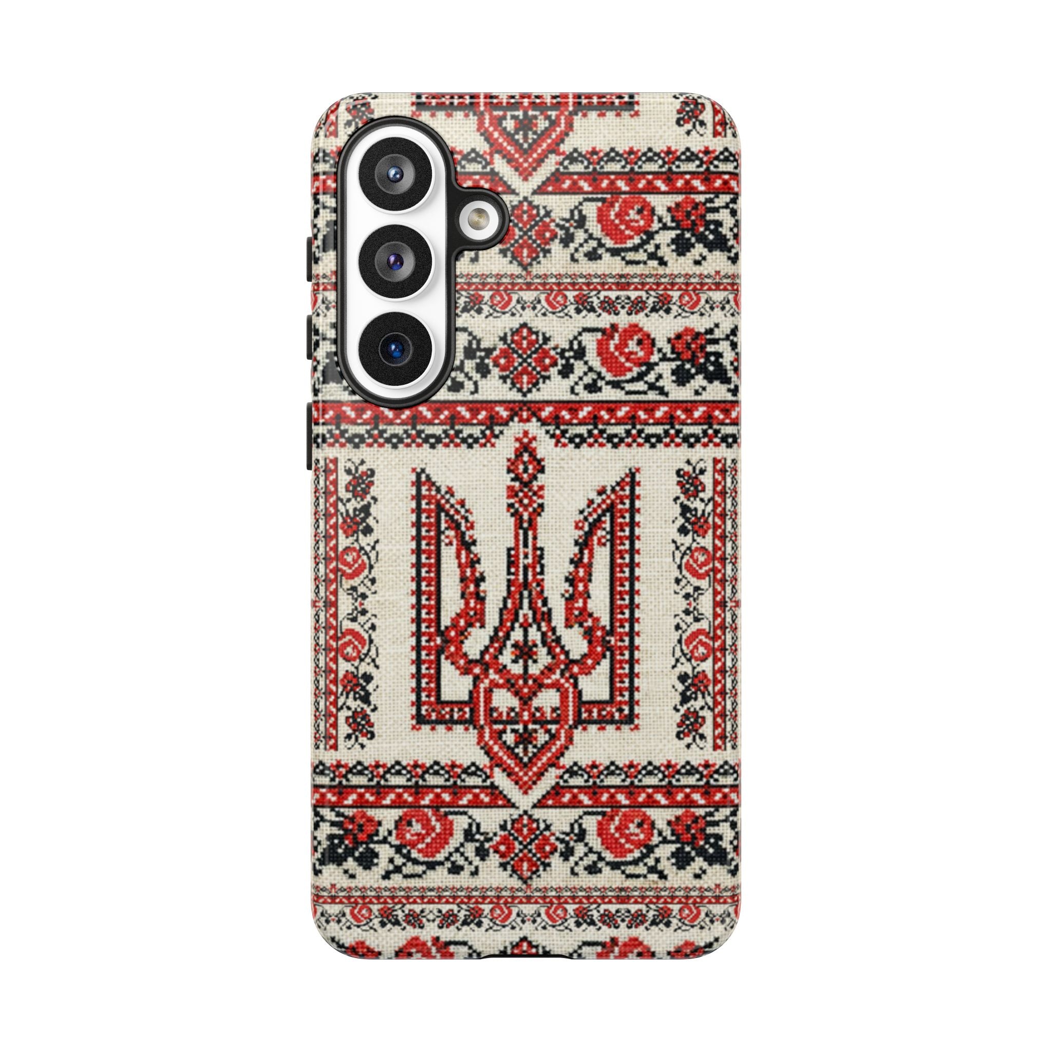 Ukrainian Trident Embroidery Phone Case • Red Black Trident Pattern • Protective Folk Art Cover for iPhone & Samsung