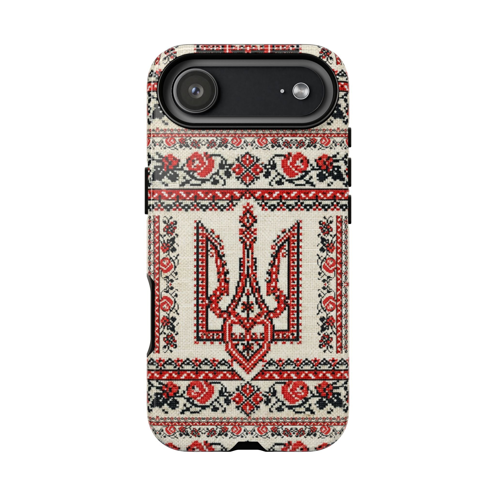 Ukrainian Trident Embroidery Phone Case • Red Black Trident Pattern • Protective Folk Art Cover for iPhone & Samsung