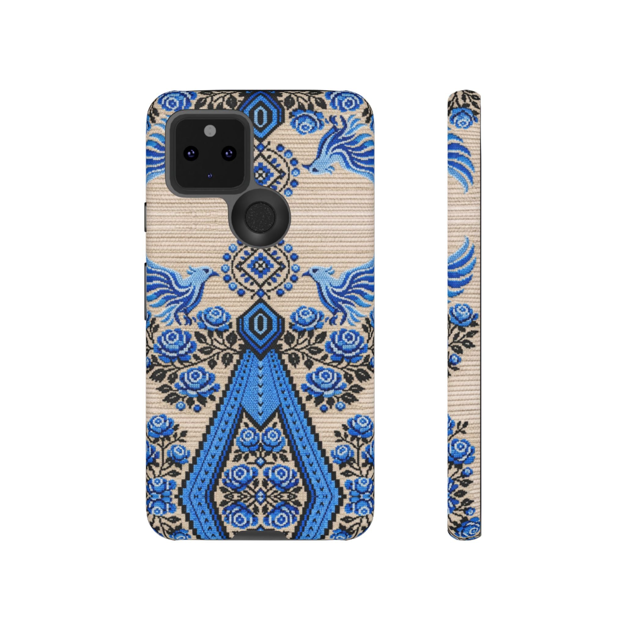 Ukrainian Phone Case  Blue Black Berehynia Design, Falcons & Roses Folk Art, Slavic Embroidery Style Protective Cover