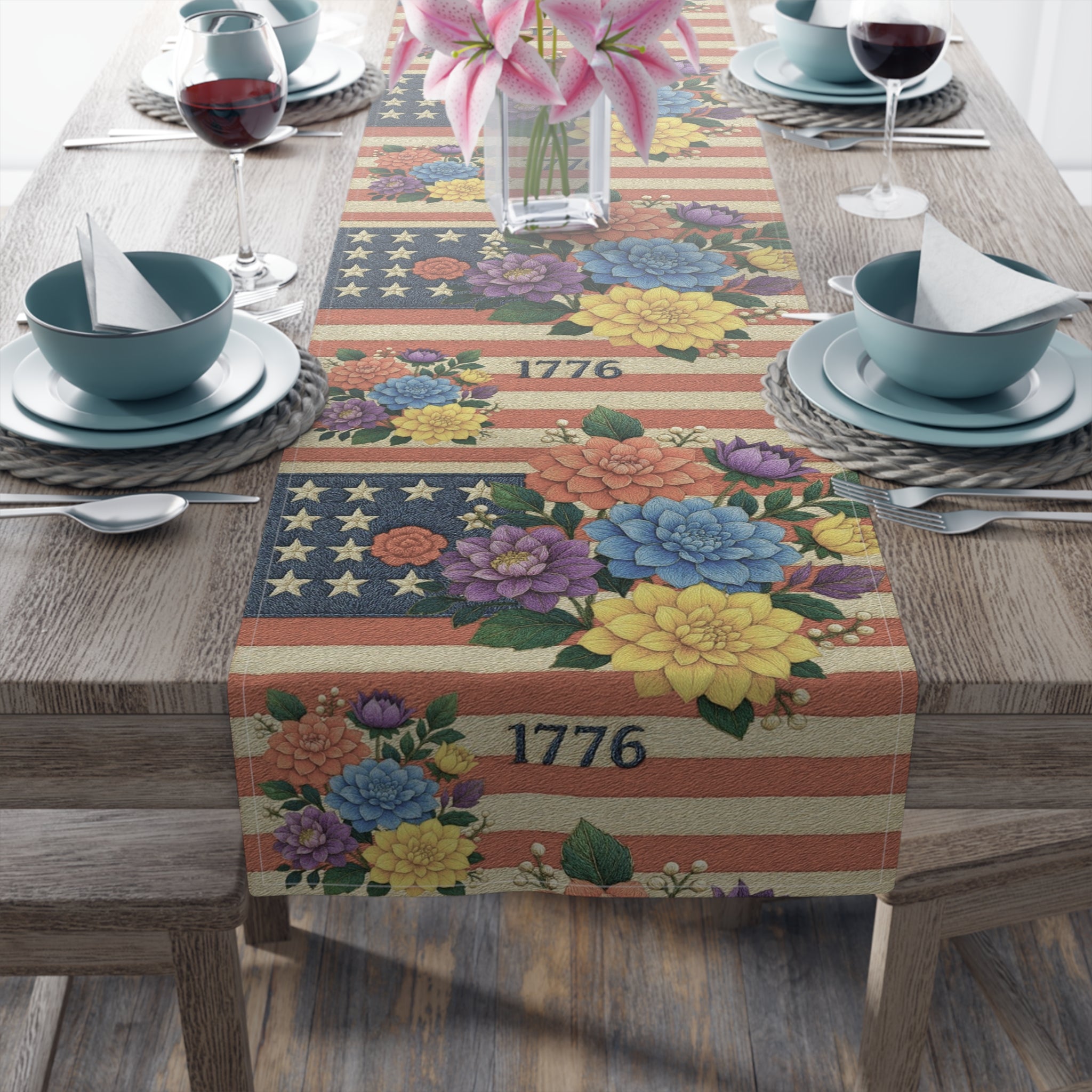 BLUESKYDEZIGN | 1776 Patriotic Floral Table Runner | American Flag Stars & Flowers | 4th of July Dining Decor