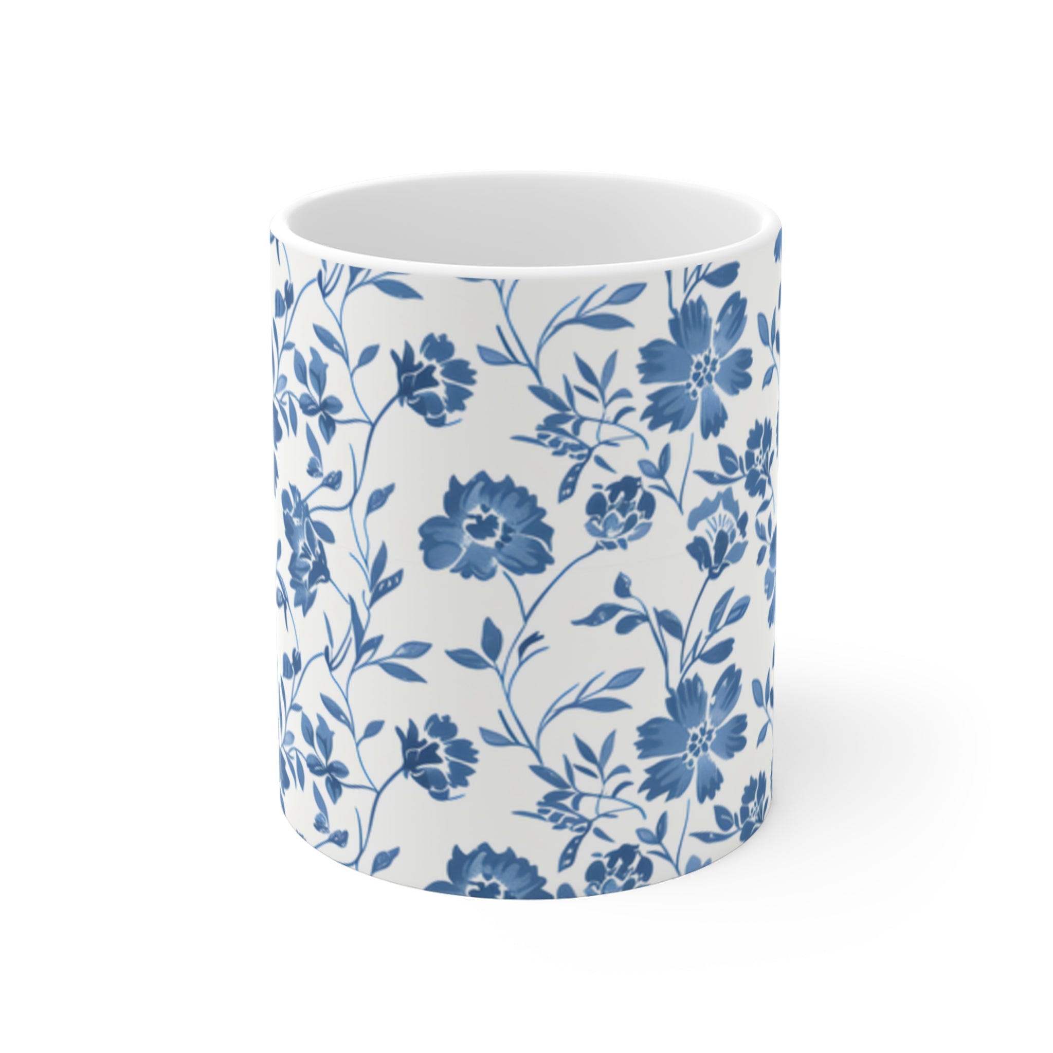 Blue Floral Ceramic Mug 11oz, Elegant Botanical Coffee Cup, Classic Flower Pattern Drinkware for Home  Office