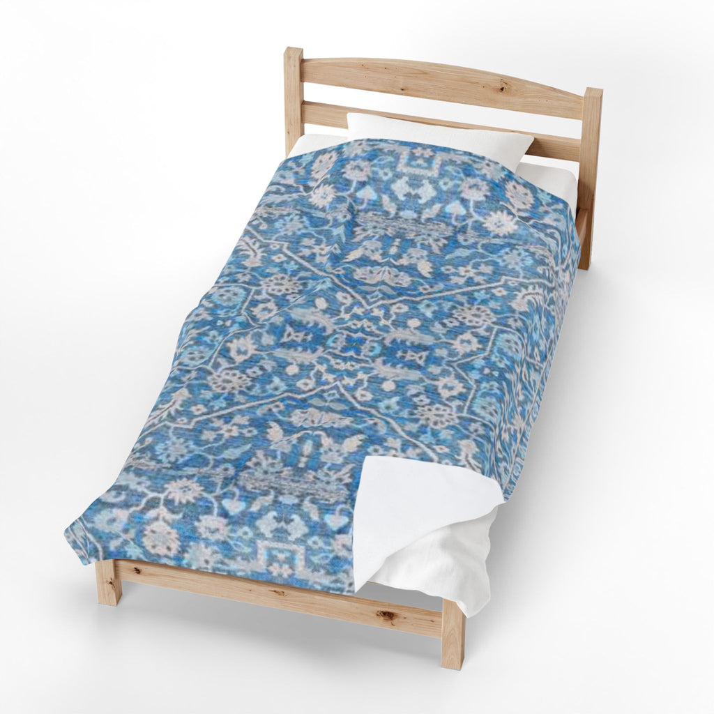 BLUESKYDEZIGN Grandmother's Heritage Velveteen Blanket - Blue Vintage Floral Boho Throw, Modern Rustic