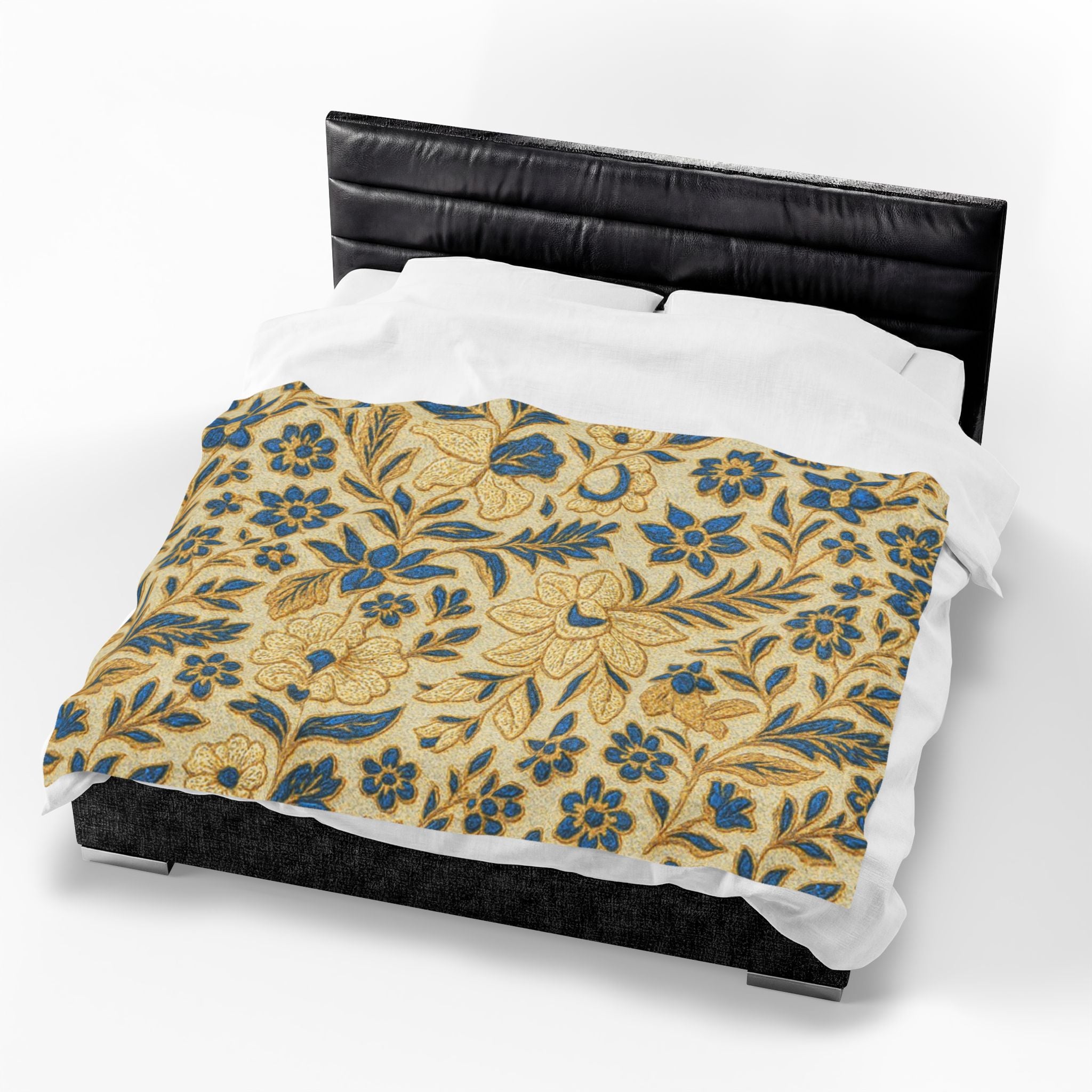 William Morris Floral Velveteen Blanket | Gold & Blue Botanical Plush Throw | 3 Sizes