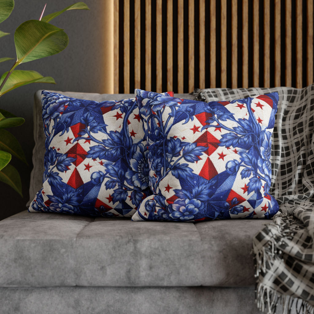 America 250th Anniversary Pillowcase - Patriotic Blue & Red Kaleidoscope Toile Floral Throw Pillow Cover