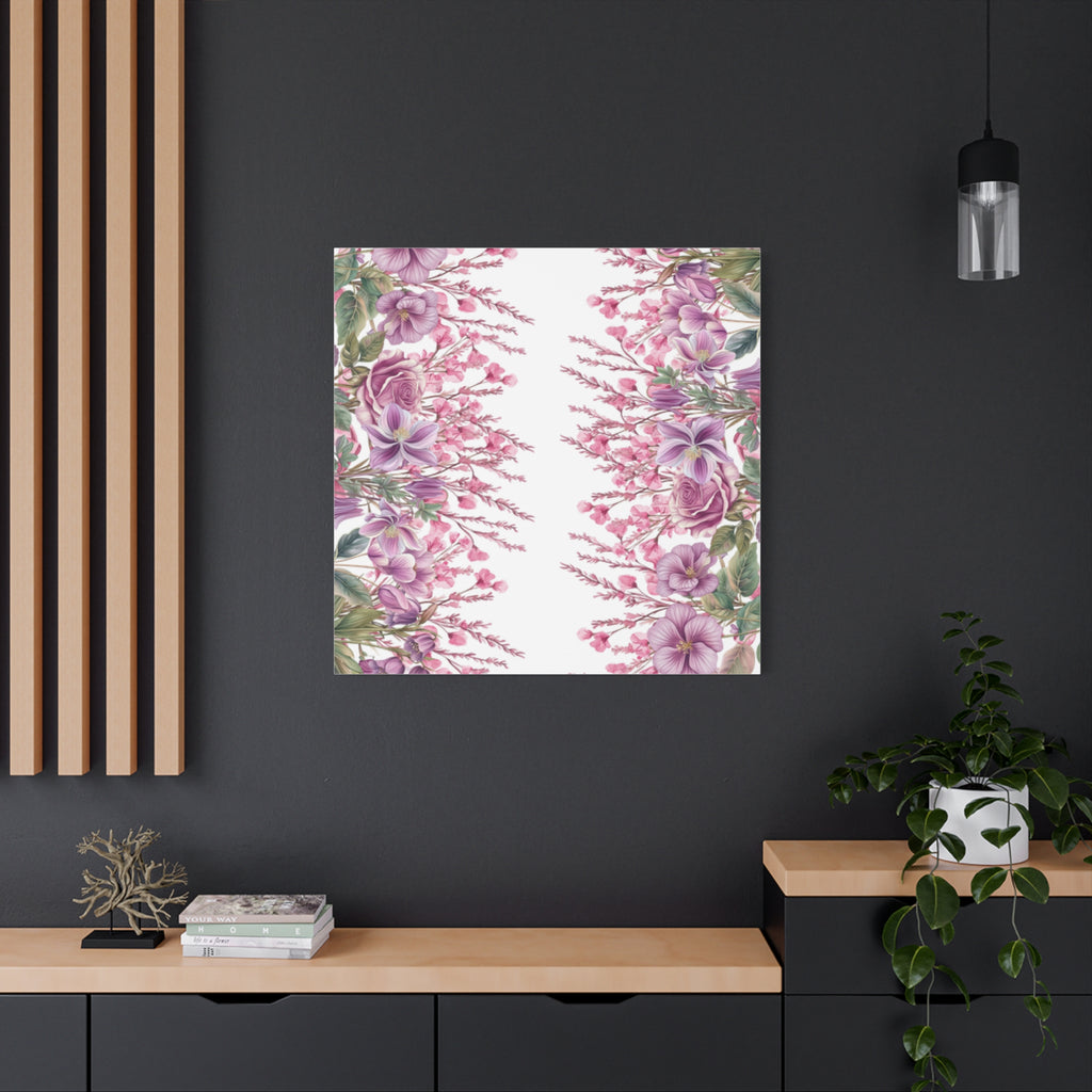 Floral Matte Canvas Wall Art, Pink Purple Botanical Print, Modern Symmetrical Flower Design, Stretched 1.25" Canvas Home Decor