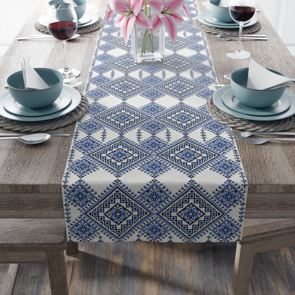 Blue Sky Folk Art Table Runner | Ukrainian Heritage Indigo Geometric Linen