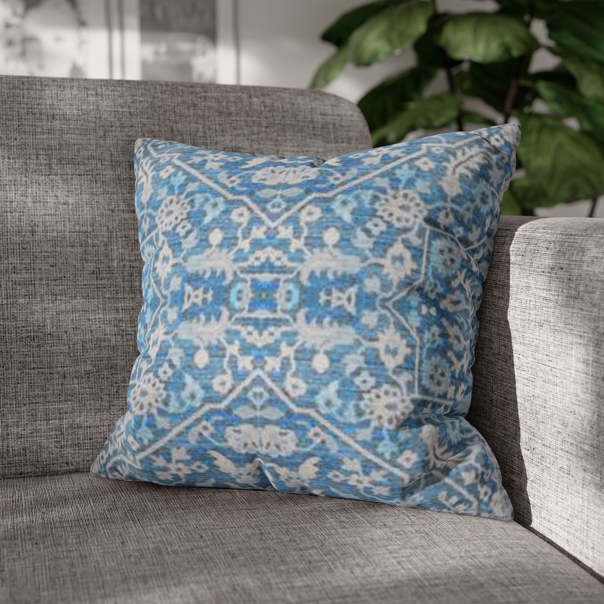 BLUESKYDEZIGN Grandmother's Heritage Pillow Cover - Blue Ikat Floral, Boho Modern Rustic Cushion