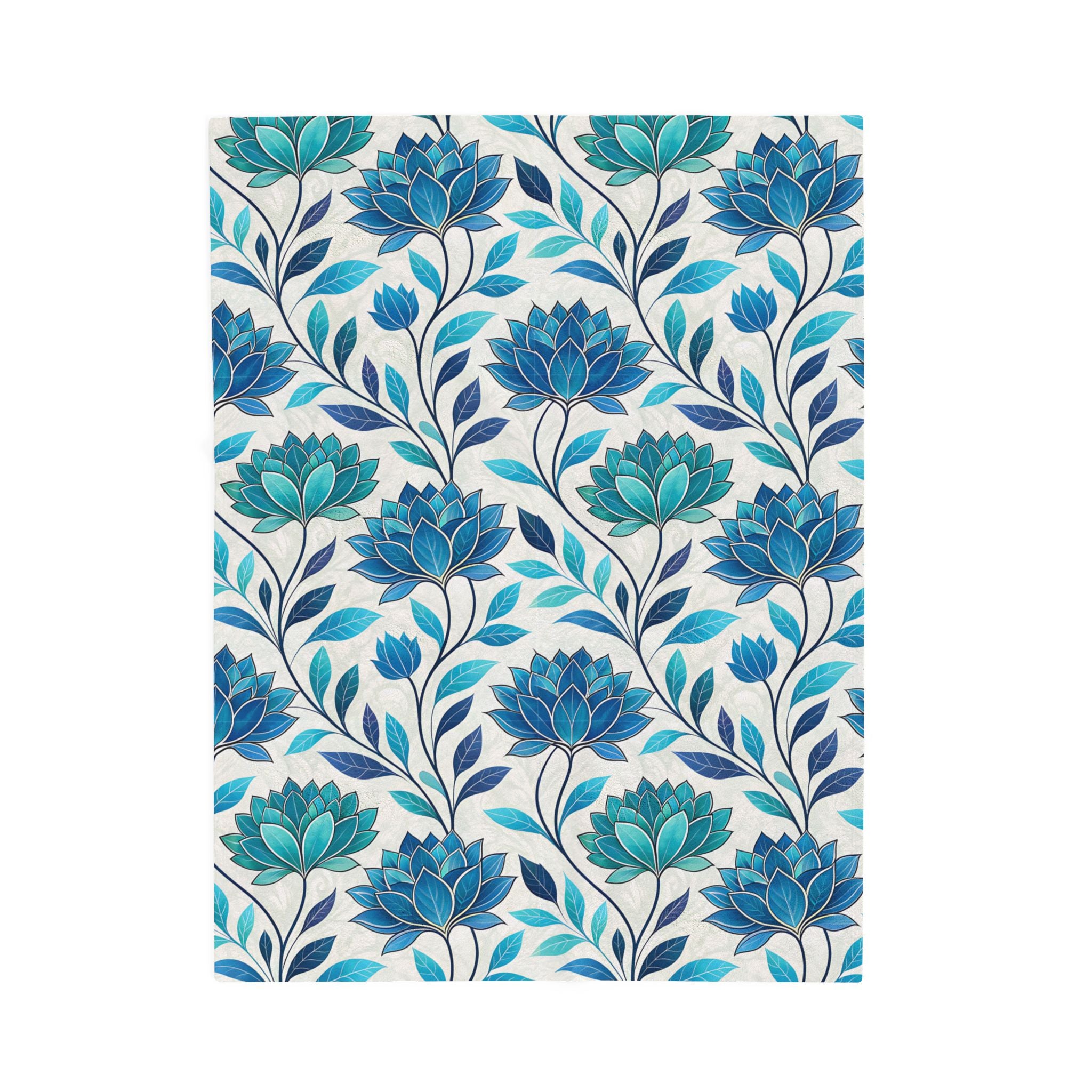 Blue Floral Velveteen Plush Blanket – Soft Lotus Pattern Throw for Cozy Home, Living Room, or Gift