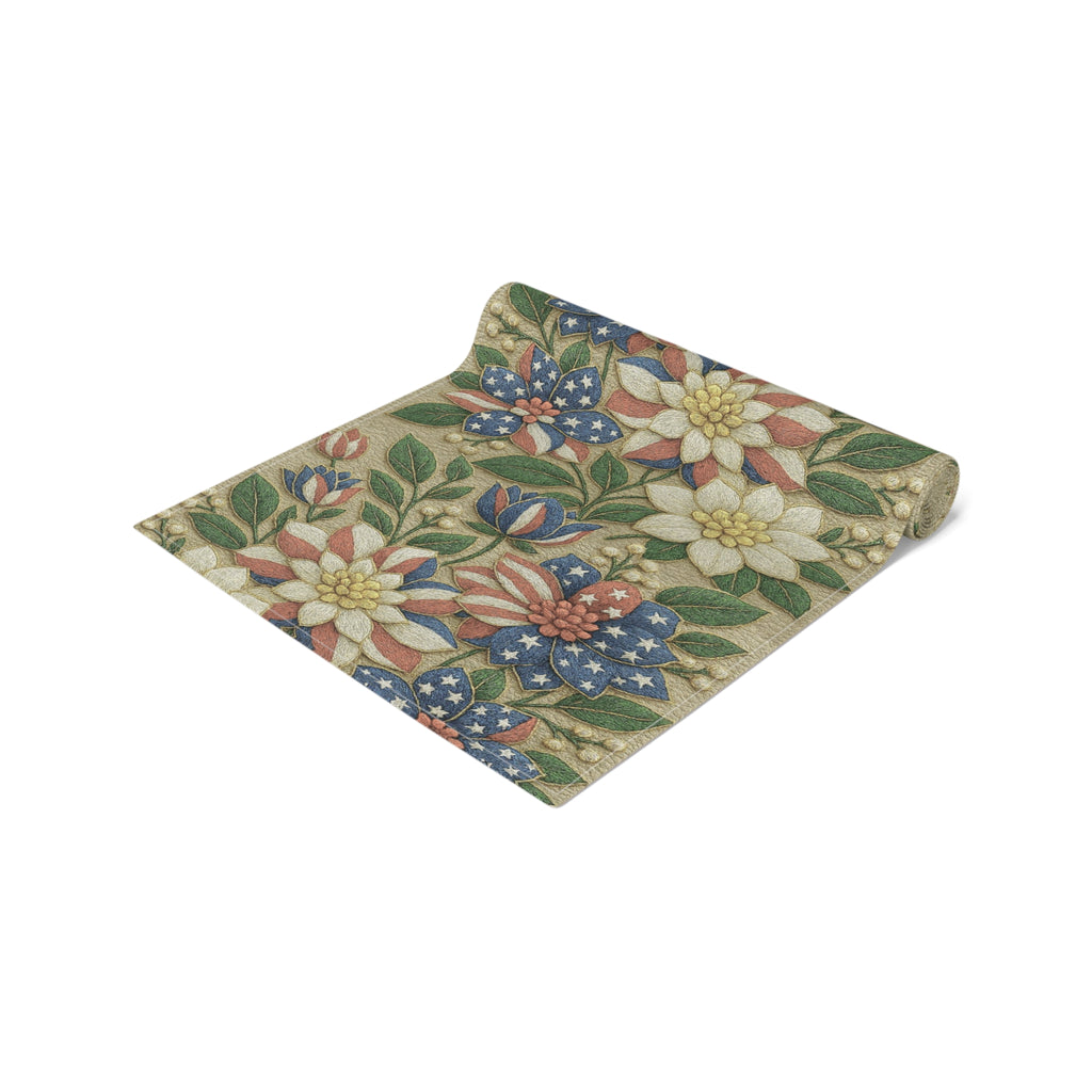 BLUESKYDEZIGN | Floral Americana Table Runner | Patriotic 4th of July Vintage Decor | Cotton or Polyester