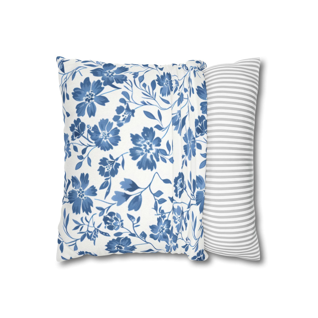 Light Blue Floral Pillowcase Spun Polyester Square Pillowcase | Blue Flower Pillow Cover