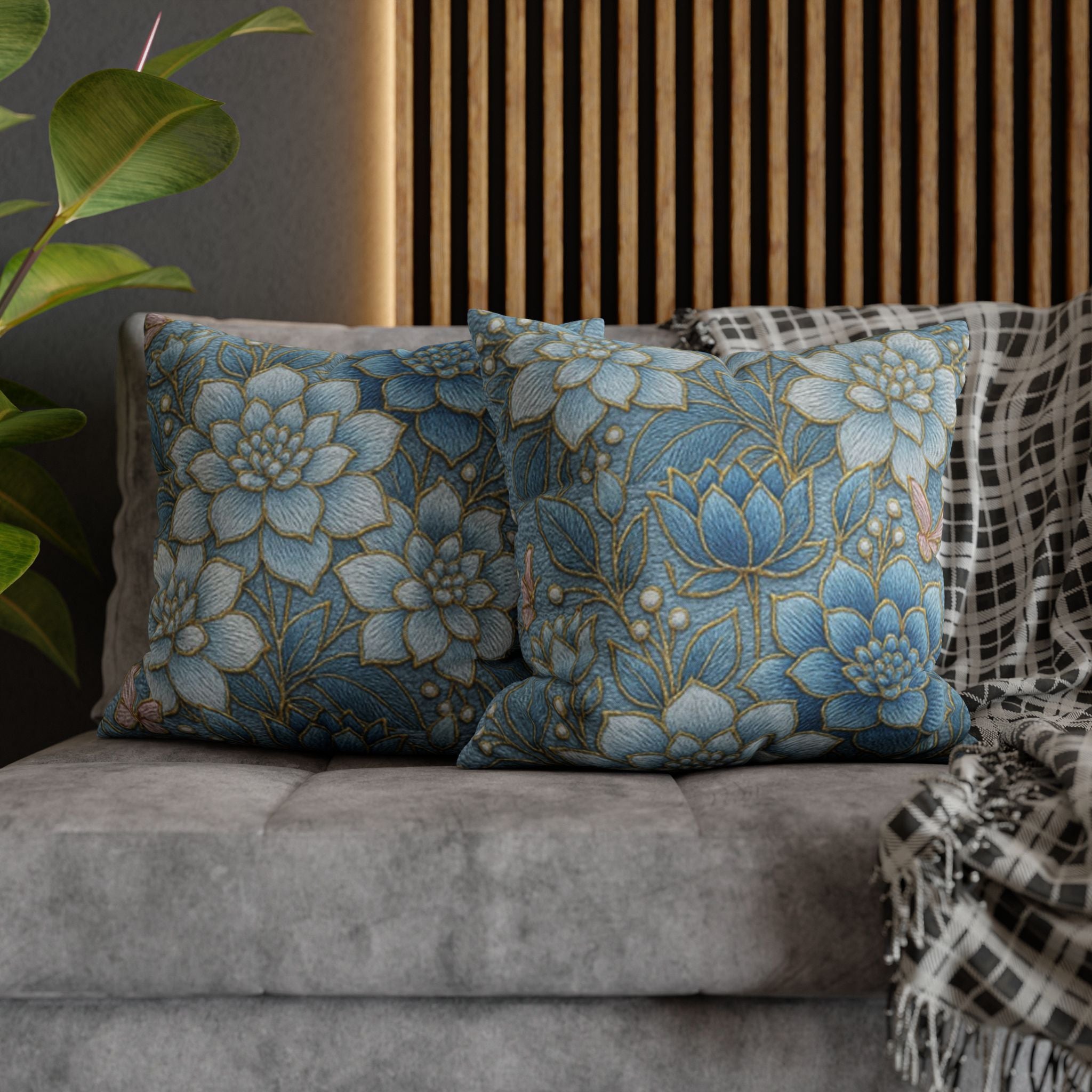 BLUESKYDEZIGN | Blue Floral Succulent Pillowcase | Cottagecore Decorative Cushion Cover