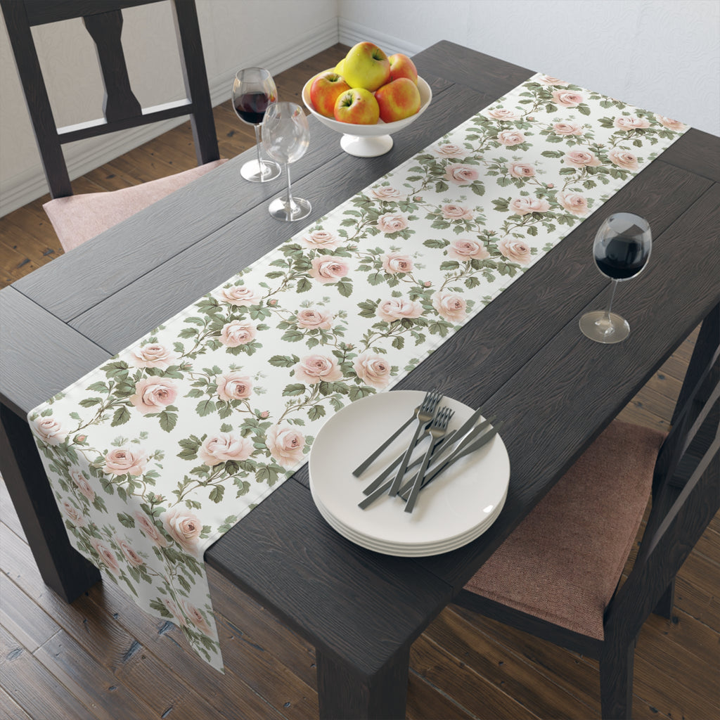 BLUESKYDEZIGN Vintage Pink Rose Vine Table Runner - Floral Toile de Jouy Decor