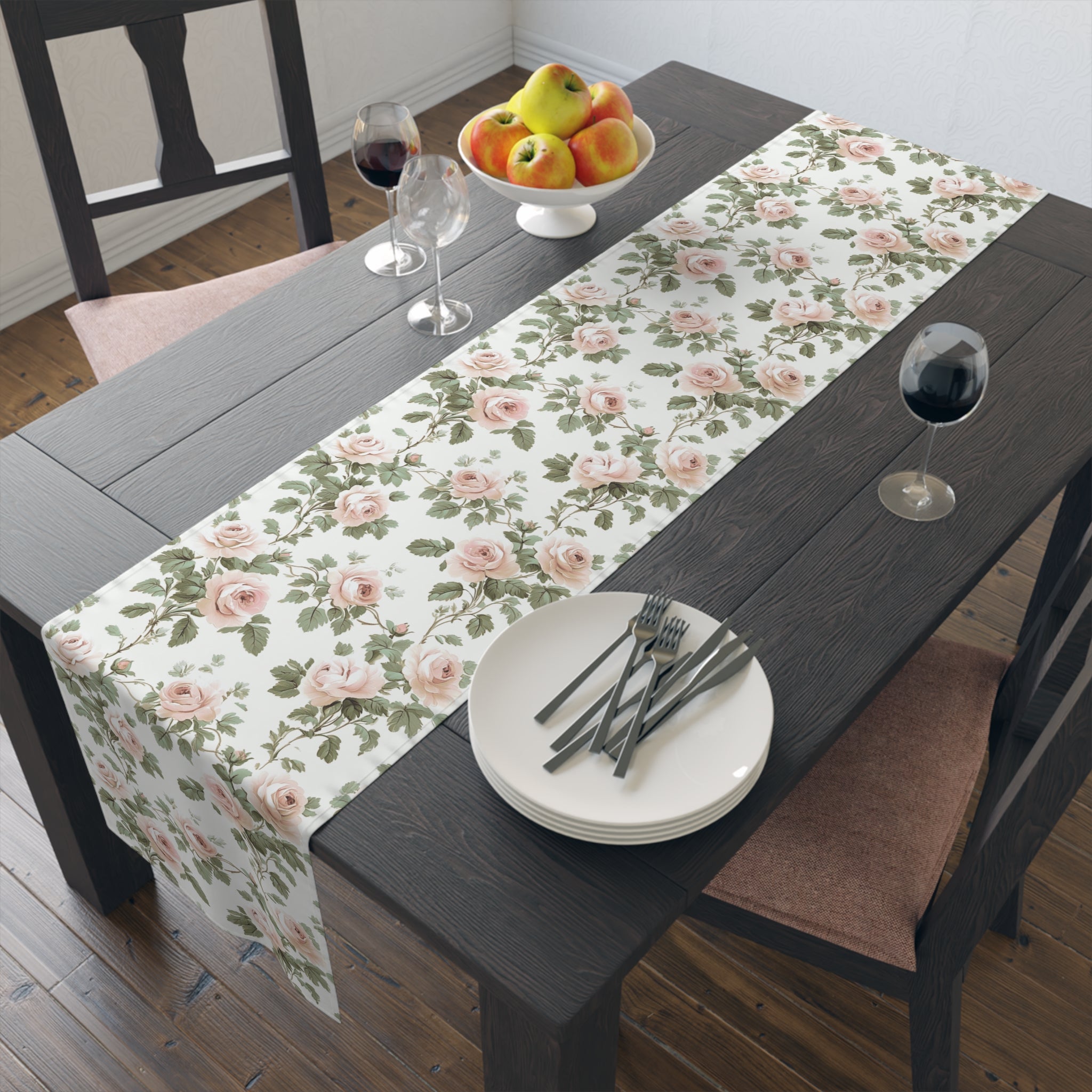 BLUESKYDEZIGN Vintage Pink Rose Vine Table Runner - Floral Toile de Jouy Decor