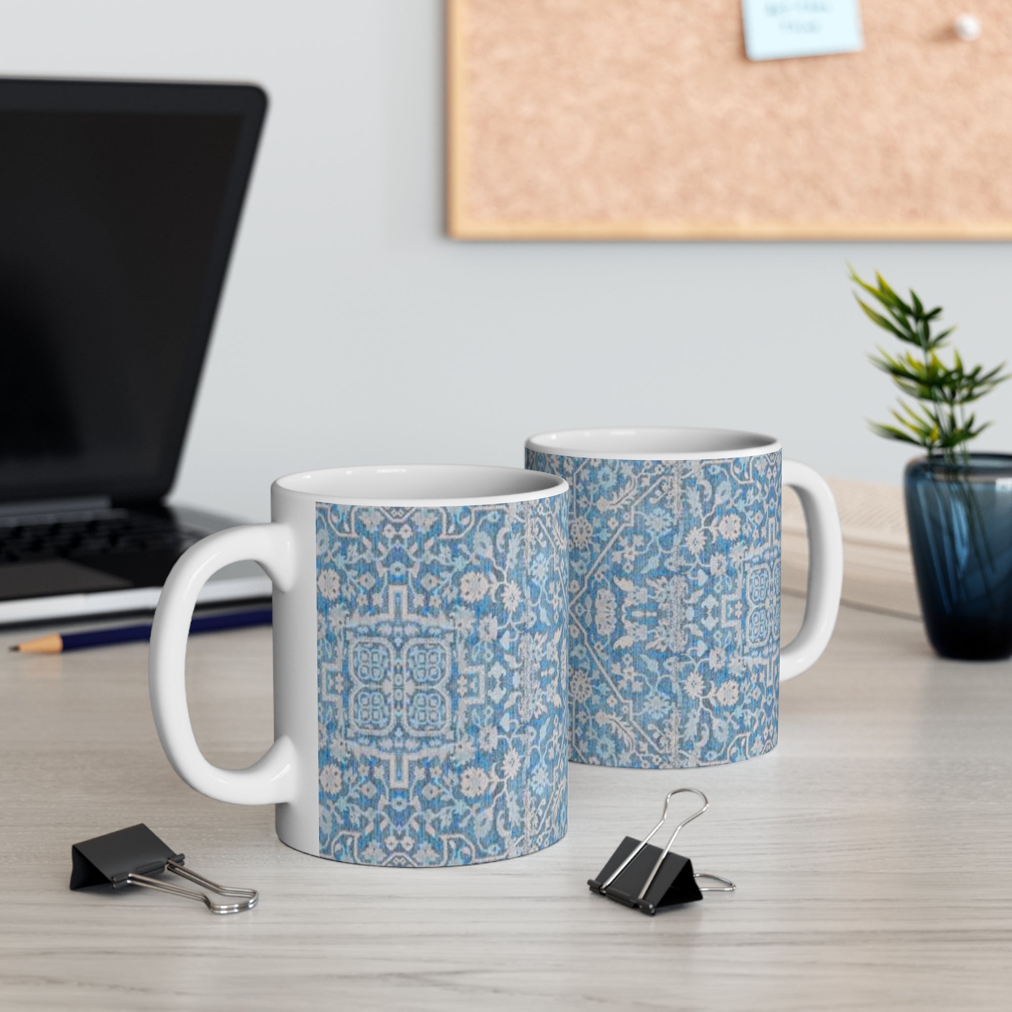 BLUESKYDEZIGN Grandmother's Heritage Mug - Blue Floral Tile Pattern, Wabi-Sabi Ceramic Coffee Cup