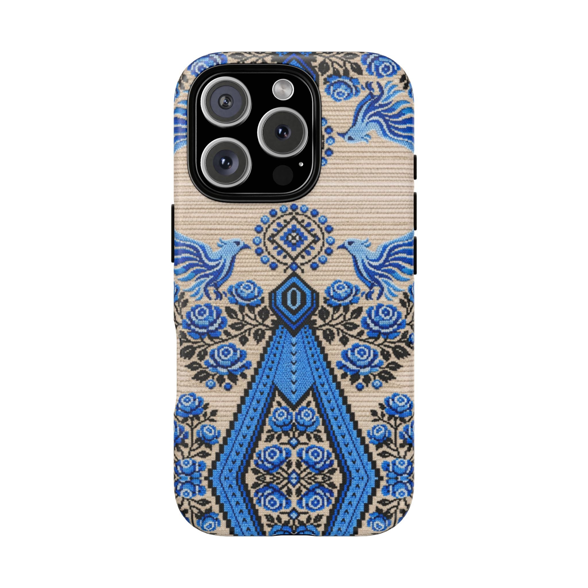 Ukrainian Phone Case  Blue Black Berehynia Design, Falcons & Roses Folk Art, Slavic Embroidery Style Protective Cover