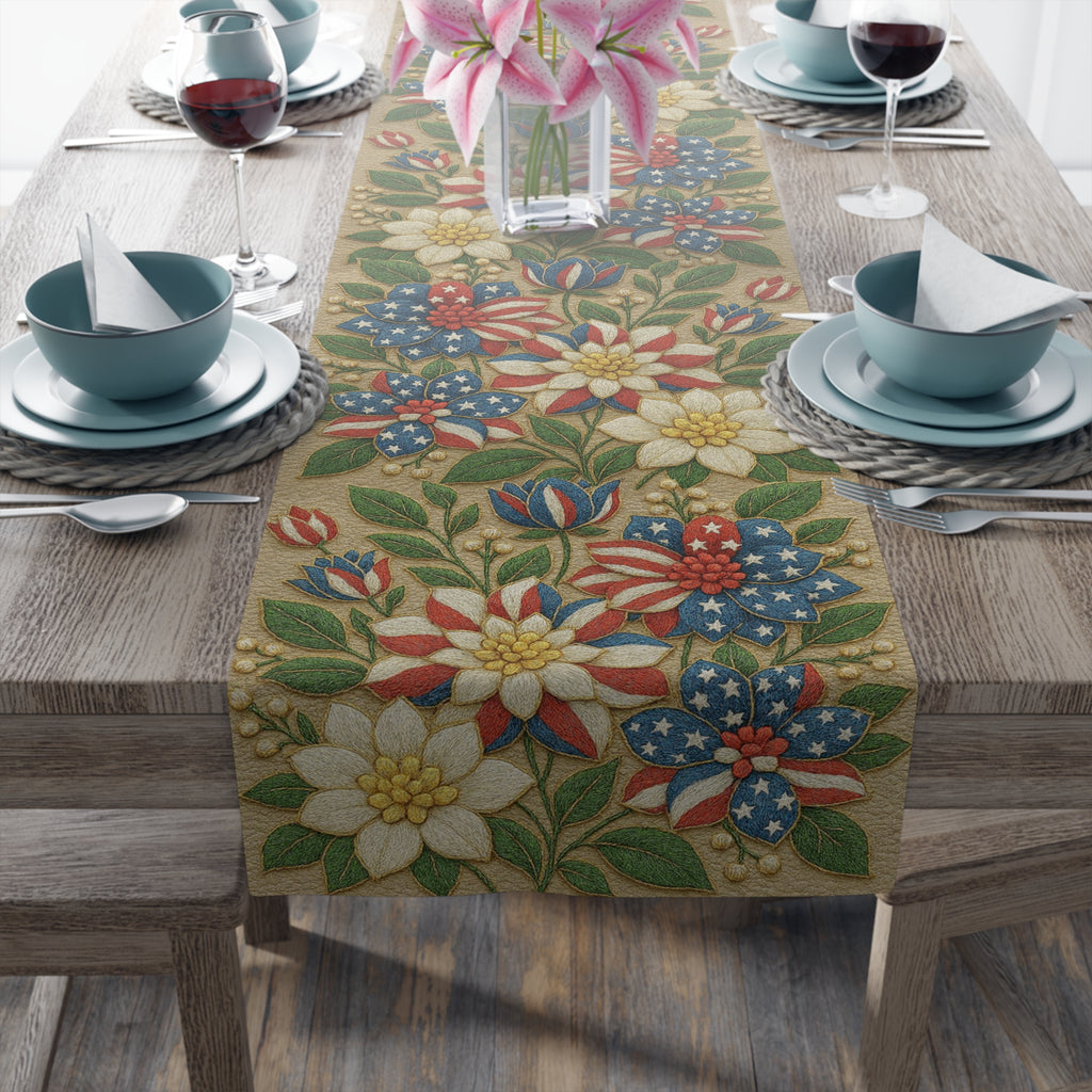 BLUESKYDEZIGN | Floral Americana Table Runner | Patriotic 4th of July Vintage Decor | Cotton or Polyester