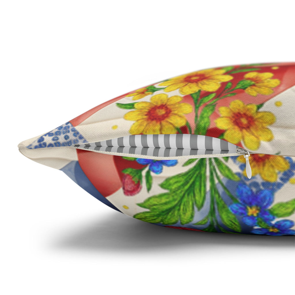 American Cozy Floral Pillowcase - Patriotic Blue Geometric & Rose Throw Pillow Cover
