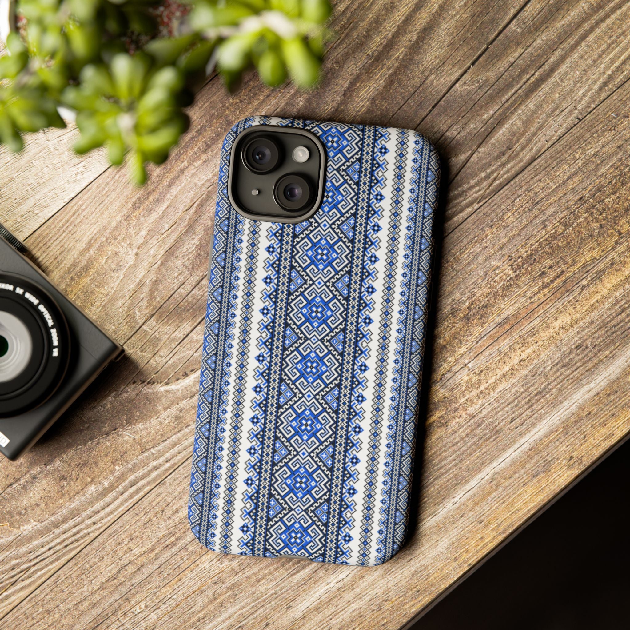 Ukrainian Pattern iPhone Case, Blue Black Geometric Folk Design, Protective Phone Cover, Traditional Ethnic Print