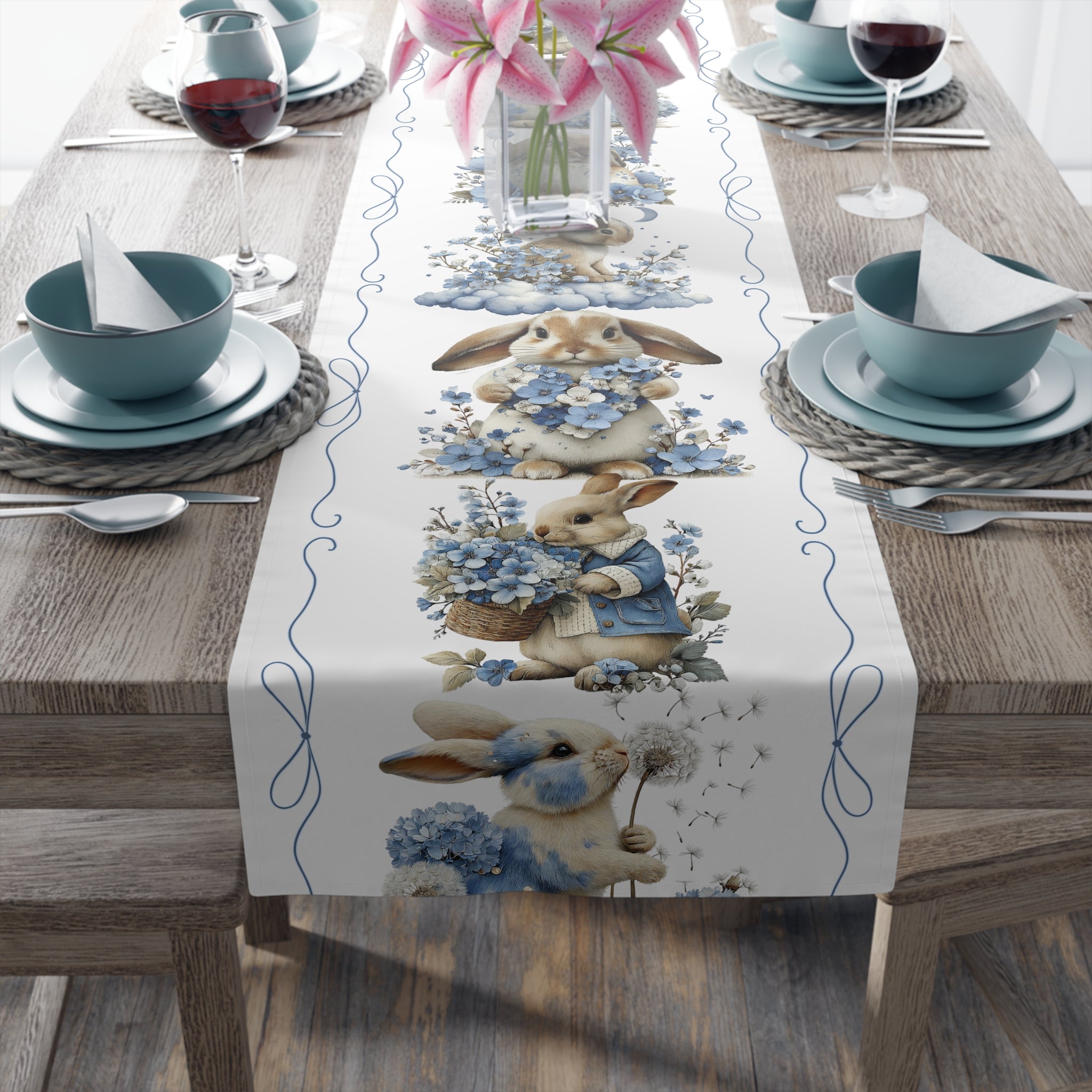 Vintage Spring Bunny Table Runner Floral Rabbit Table Decor for Easter Spring Dining, Cotton Polyester
