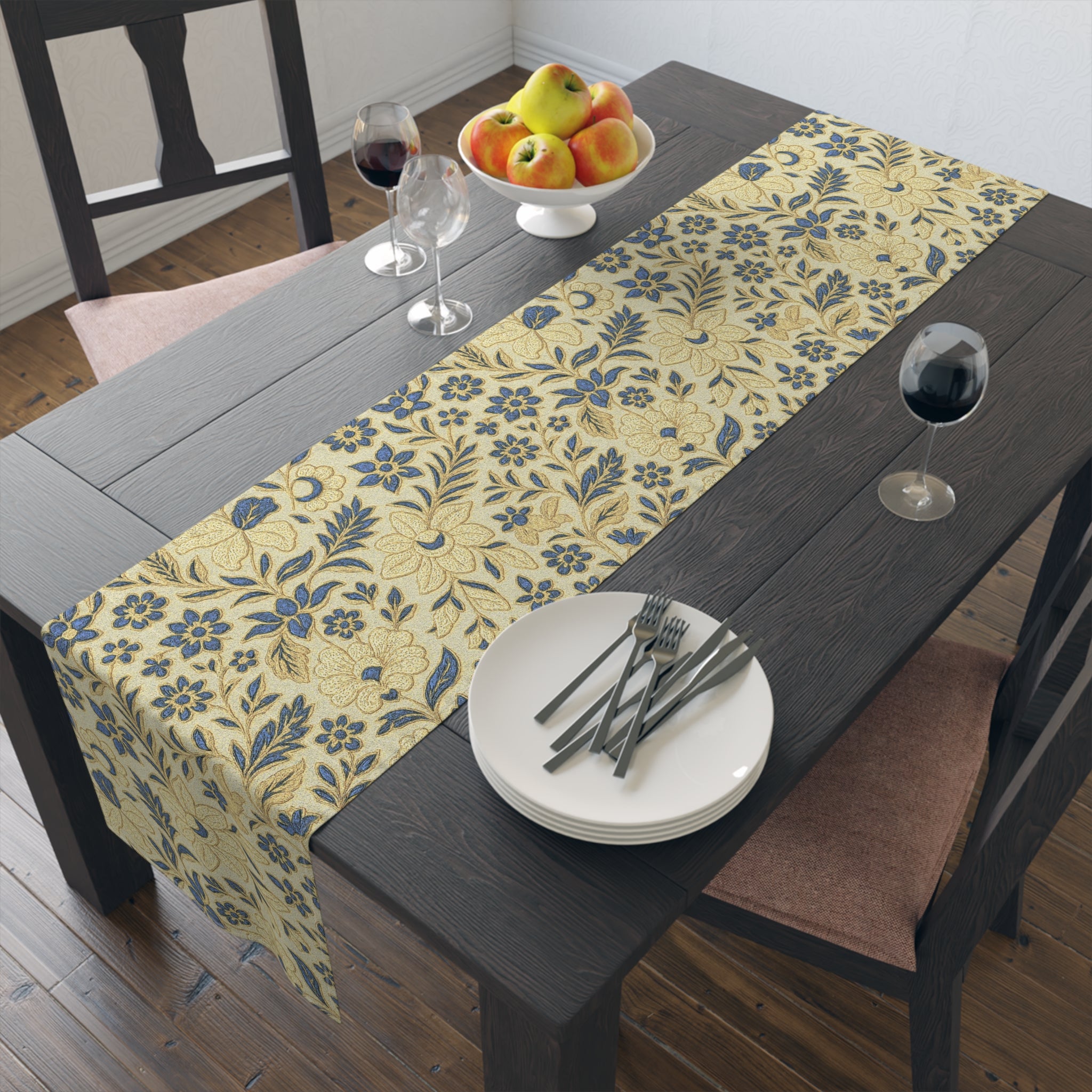 William Morris Table Runner - Vintage Floral Blue & Gold | BLUESKYDEZIGN