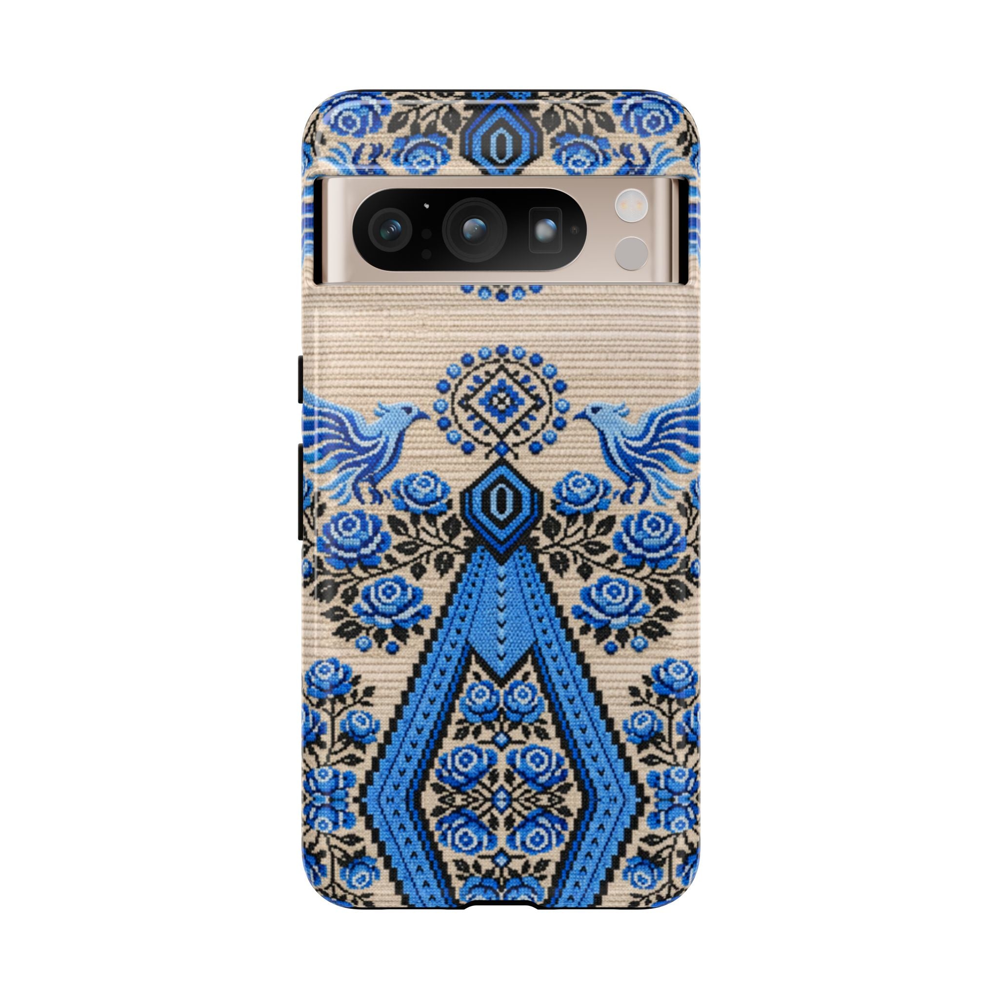 Ukrainian Phone Case  Blue Black Berehynia Design, Falcons & Roses Folk Art, Slavic Embroidery Style Protective Cover