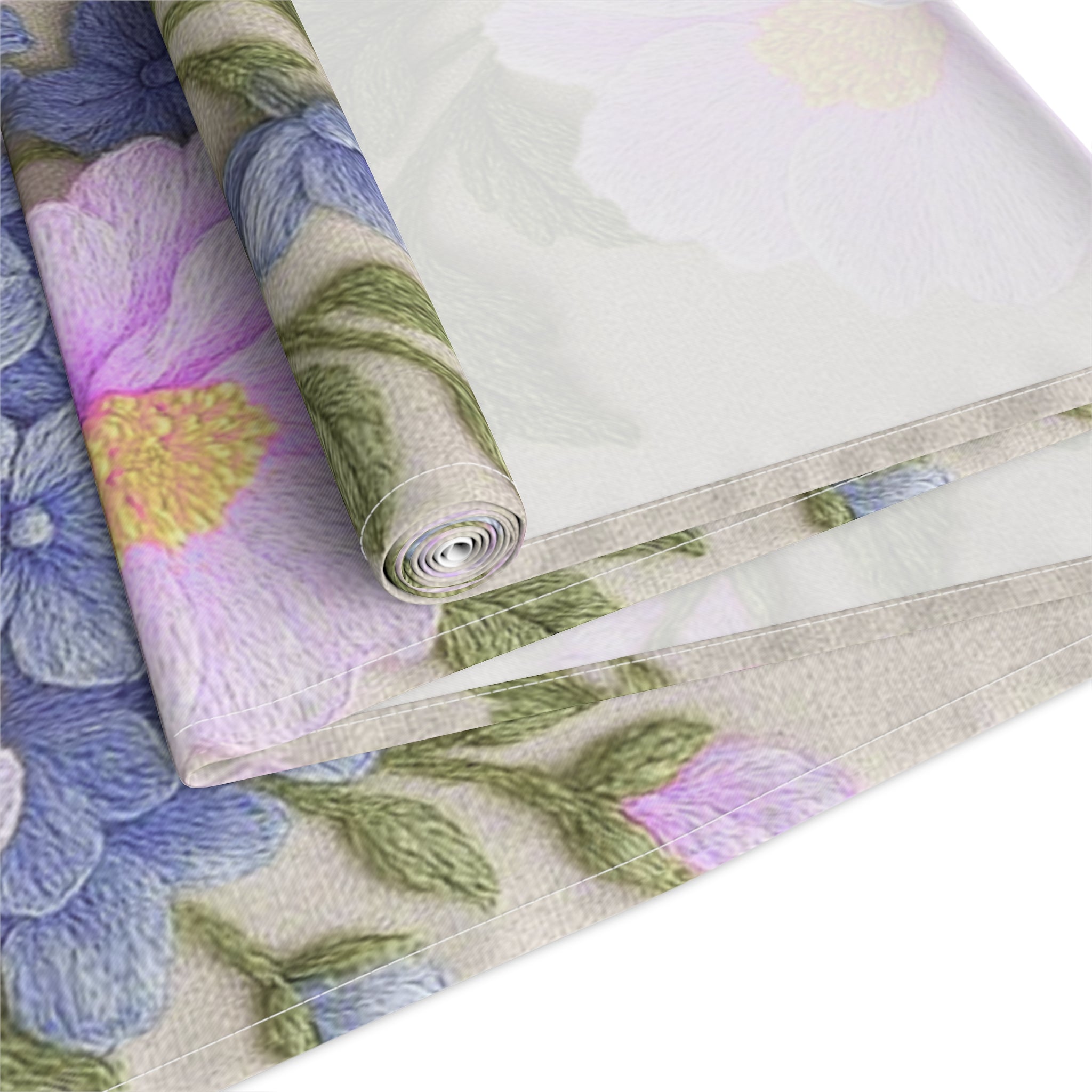 Pink Cosmos and Blue Hydrangea Table Runner, Floral Table Decor, Alexandra Bloom Collection, Cotton Twill or Polyester Dining Runner