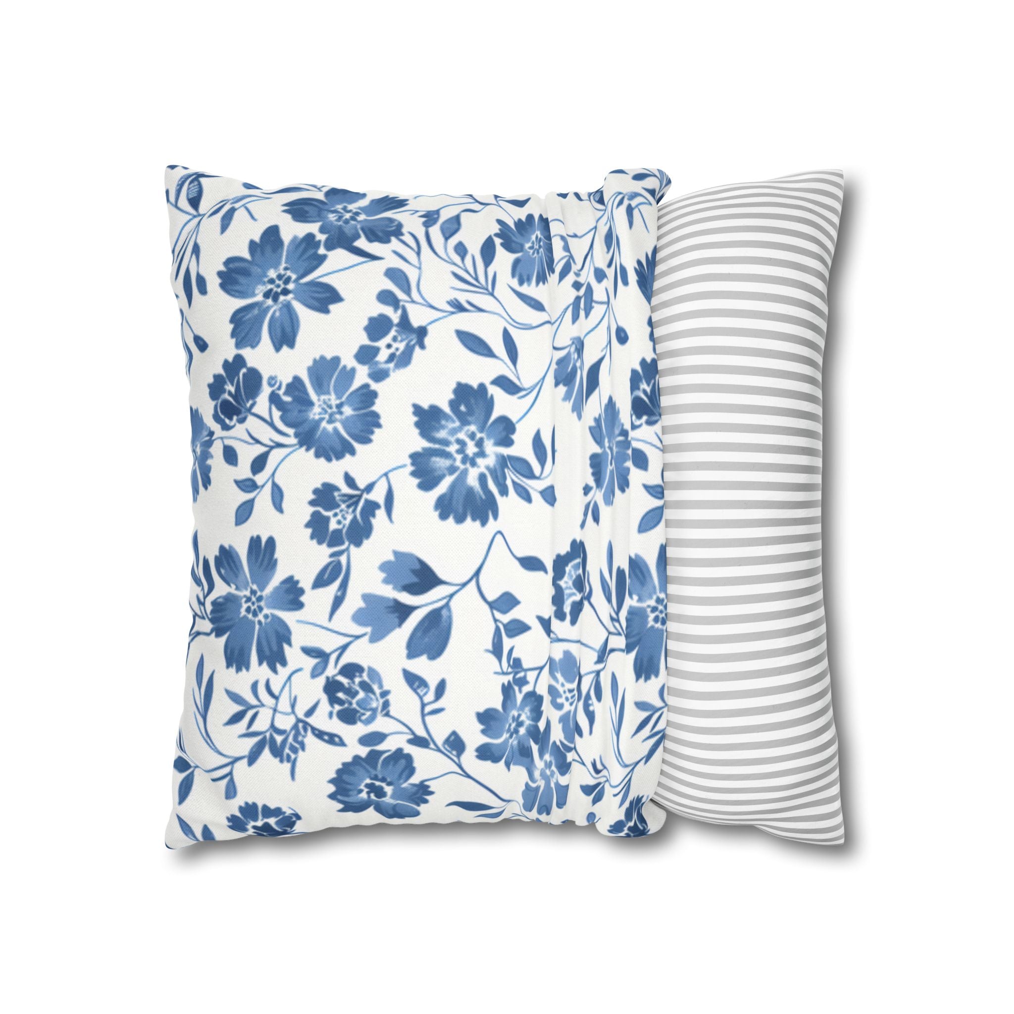 Light Blue Floral Pillowcase Spun Polyester Square Pillowcase | Blue Flower Pillow Cover