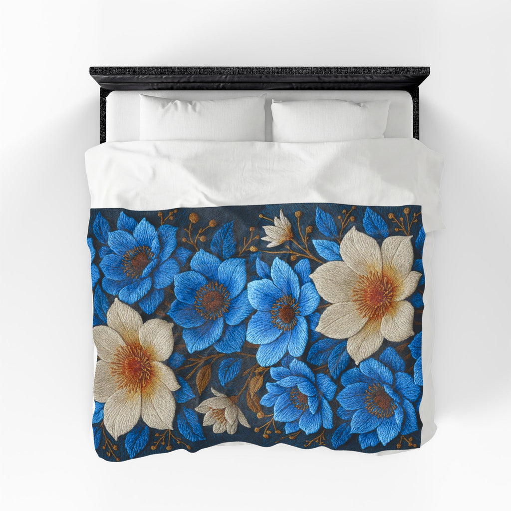 Midnight Symphony Velveteen Plush Blanket | Navy Blue & Cream Botanical Throw