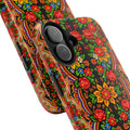Mother's Bloom tough phone case with vibrant Ukrainian folk art roses and floral kerchief motifs — dense colorful Slavic pattern, dual-layer shockproof iPhone cover with UV-protected glossy finish


