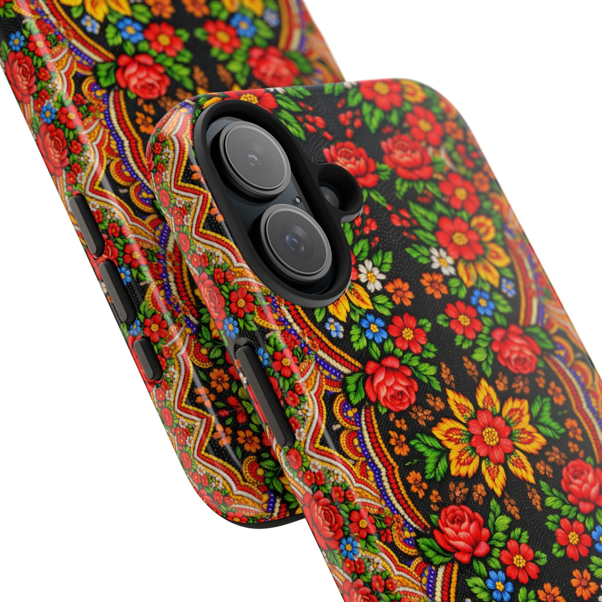 Mother's Bloom tough phone case with vibrant Ukrainian folk art roses and floral kerchief motifs — dense colorful Slavic pattern, dual-layer shockproof iPhone cover with UV-protected glossy finish


