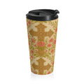 Blessed Home Collection travel mug with an ornate golden cross and pink rose vine pattern on a cream background.