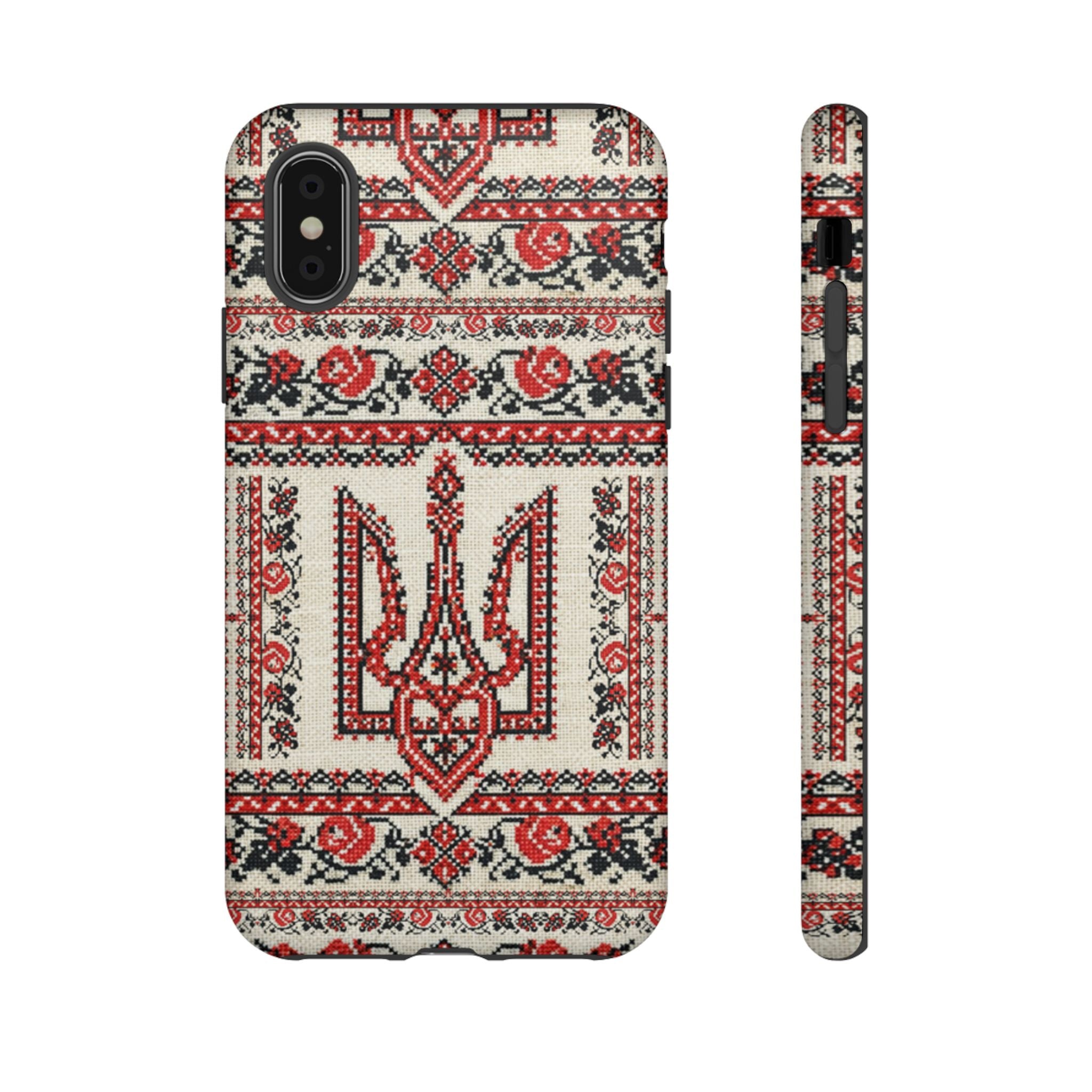 Ukrainian Trident Embroidery Phone Case • Red Black Trident Pattern • Protective Folk Art Cover for iPhone & Samsung