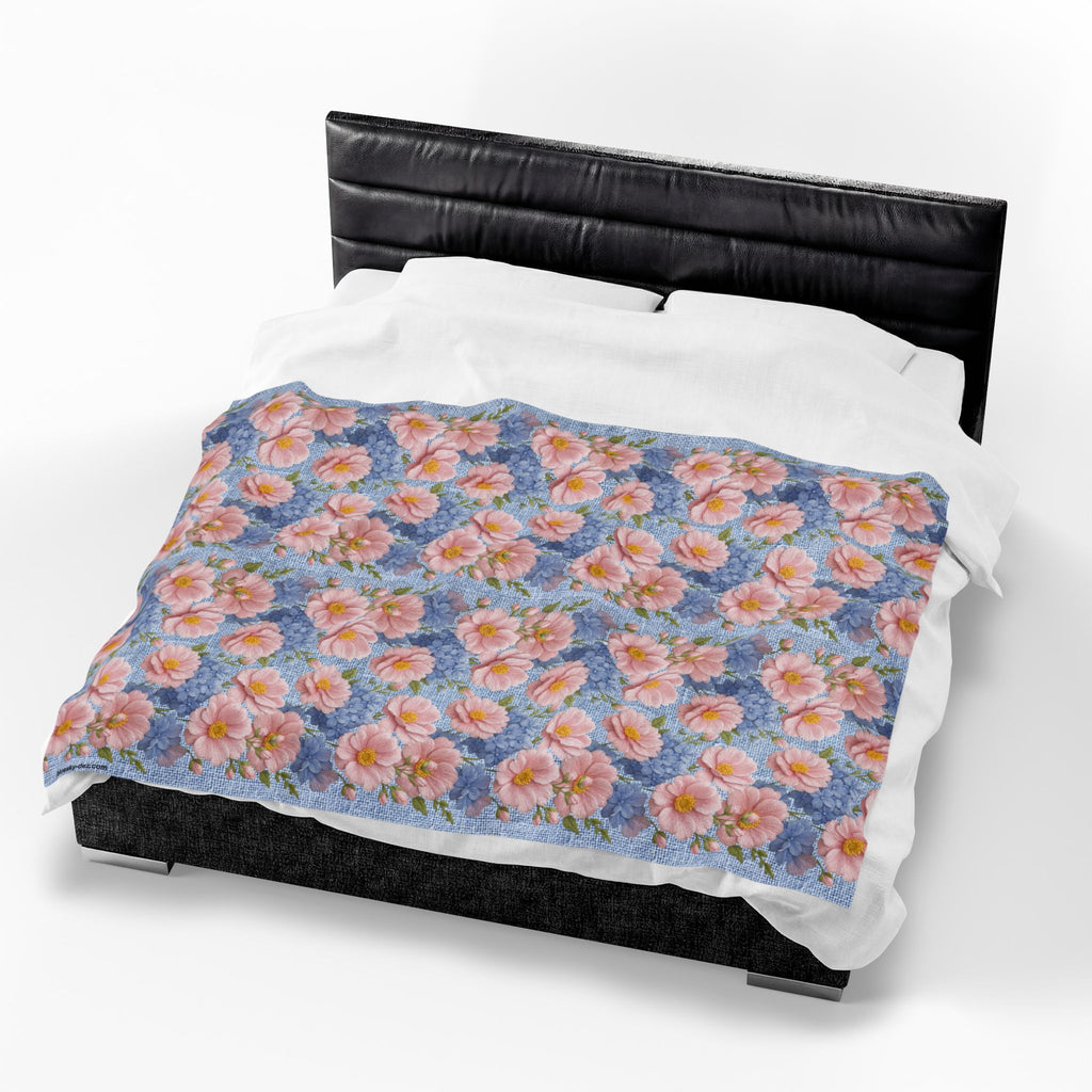 Pink Peony & Blue Hydrangea Plush Blanket | Soft Provence Velveteen Throw