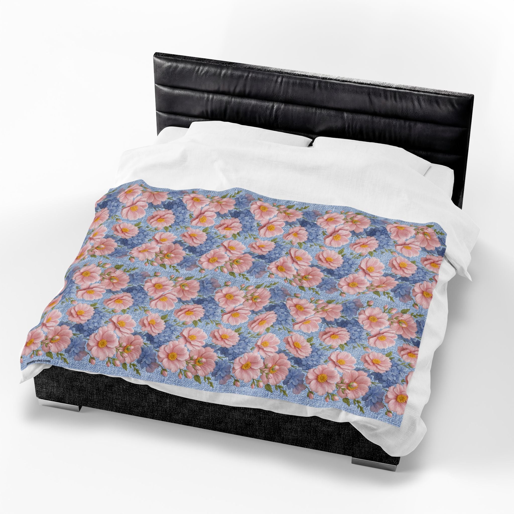 Pink Peony & Blue Hydrangea Plush Blanket | Soft Provence Velveteen Throw