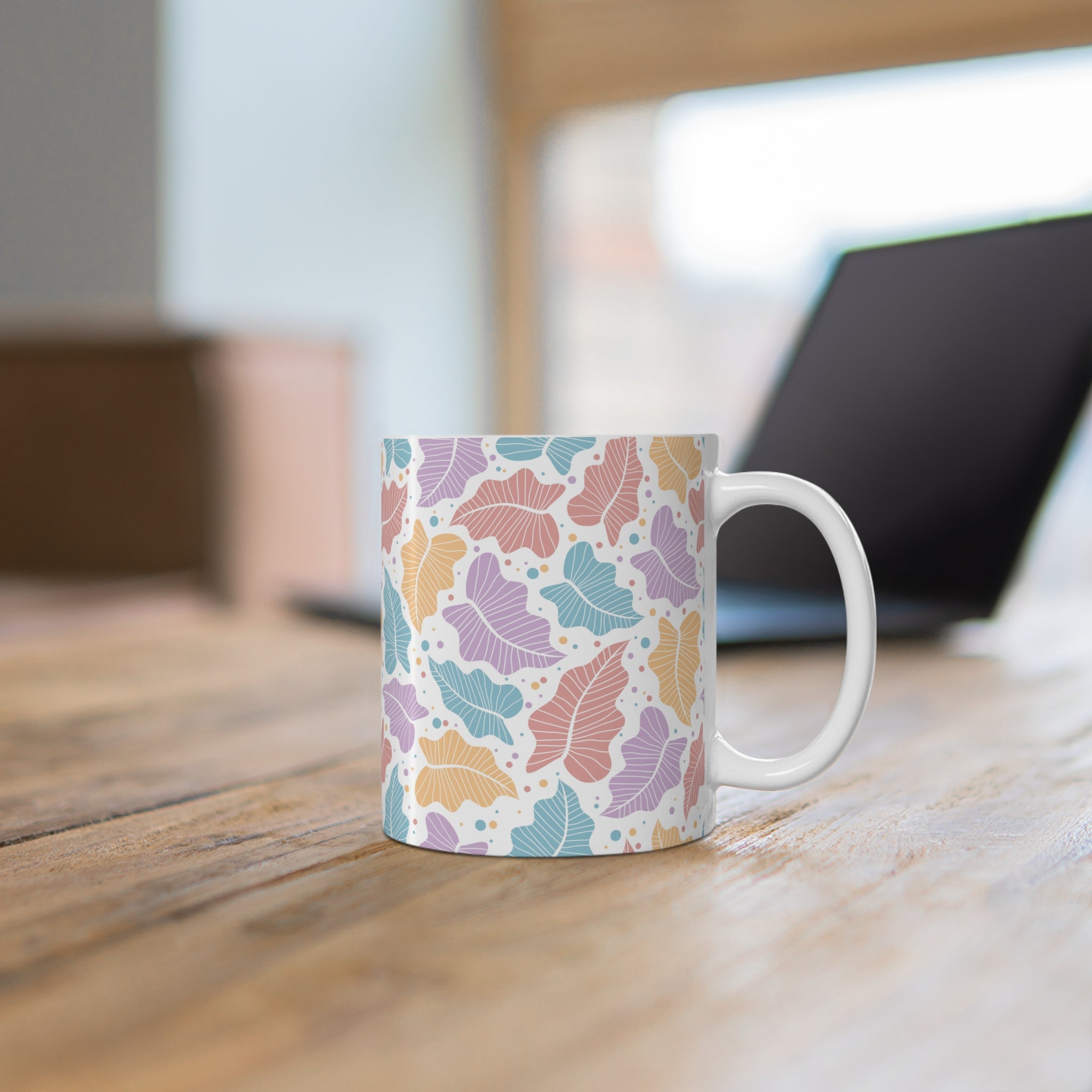 Pastel Leaf Ceramic Mug 11oz - Botanical Coffee Cup, Spring Floral Drinkware, Gift for Her